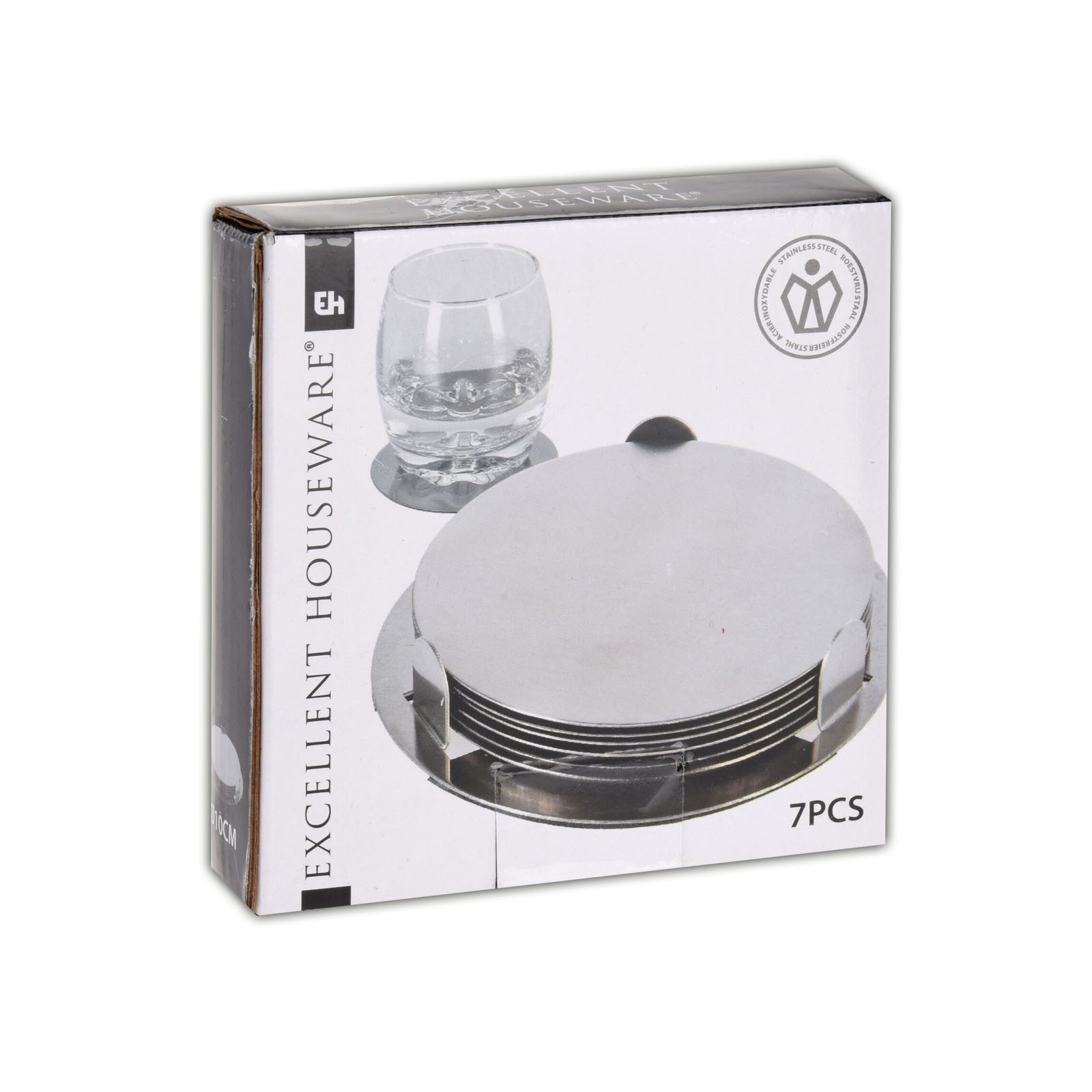 HAC24 Glasuntersetzer Edelstahl Untersetzer Set Tassenuntersetzer Tischuntersetzer, Set, 7-tlg., Inkl. Halterung, Ø 10 cm