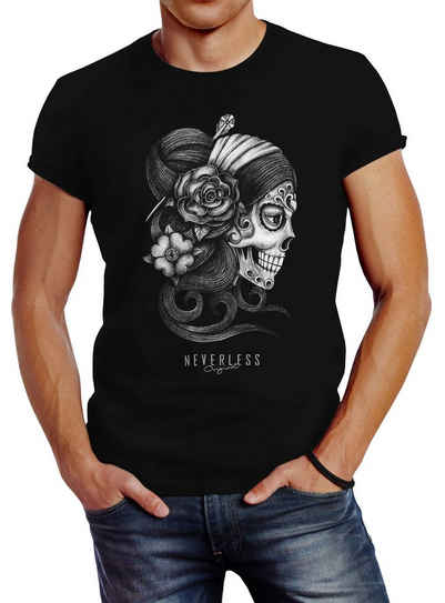 Neverless Print-Shirt Herren T-Shirt Santa Muerte La catrina Mexican Skull Dia de los Muertos Tattoo Design Slim Fit Neverless® mit Print