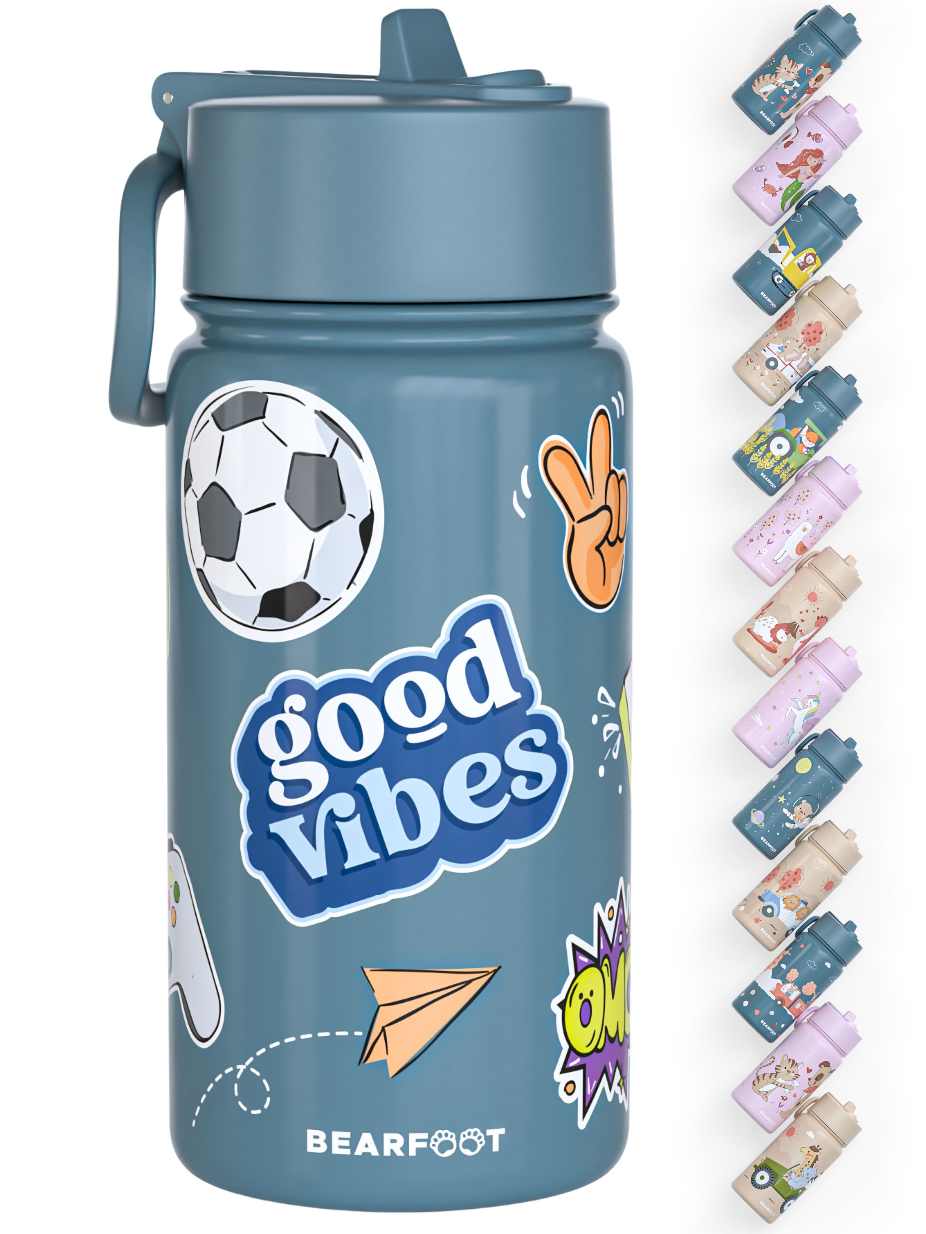 BEARFOOT Trinkflasche Thermo Kinder Trinkflasche Edelstahl - Sticker blau, Thermosflasche, auslaufsicher, Edelstahl, Kinderflasche, BPA-frei
