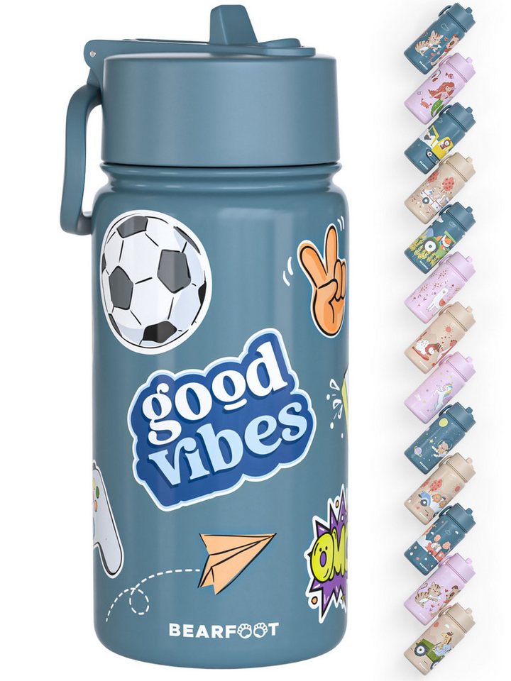 BEARFOOT Trinkflasche Thermo Kinder Trinkflasche Edelstahl - Sticker blau, Thermosflasche, auslaufsicher, Edelstahl, Kinderflasche, BPA-frei