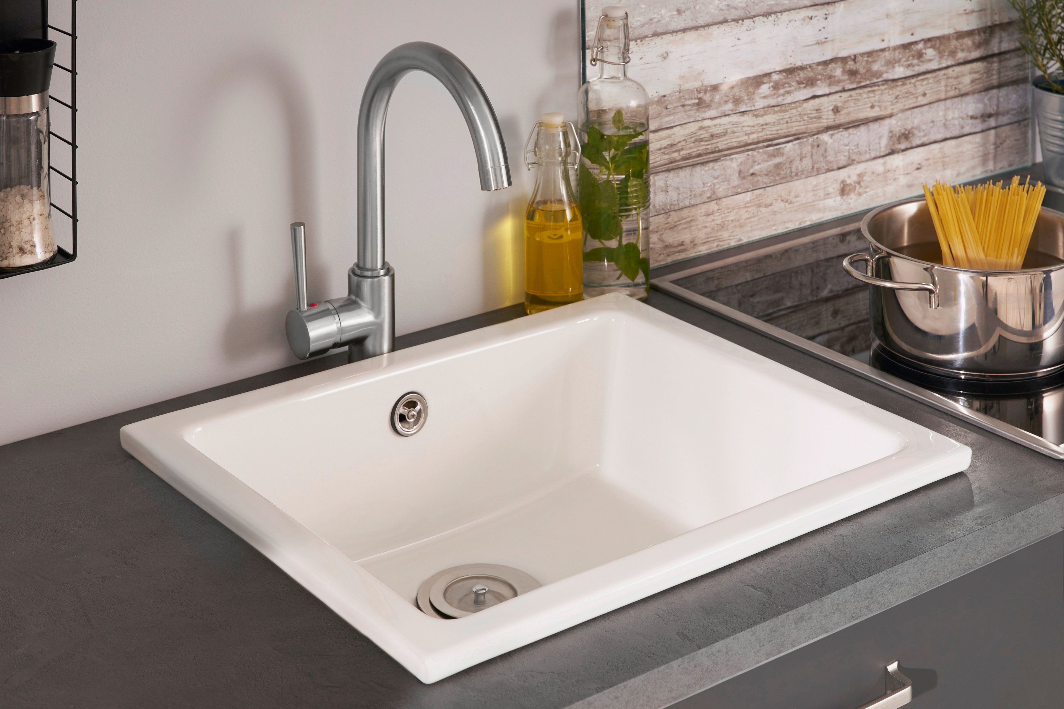 welltime Küchenspüle Amrum, rechteckig, 53,5/46 cm, Easy Clean Beschichtung, (inklusive Ab- und Überlaufgarnitur), hochwertige Keramik