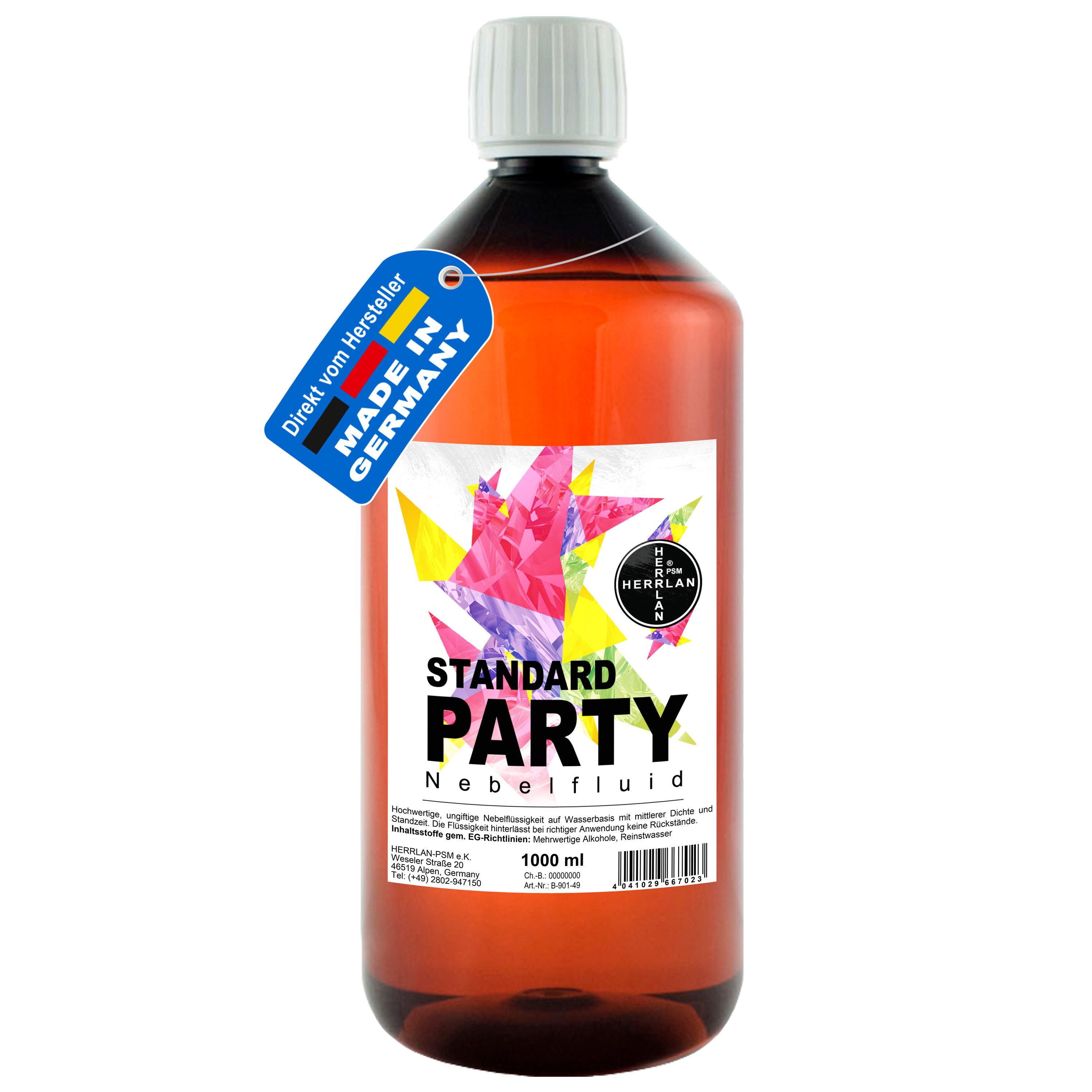 HERRLAN Discolicht STANDARD PARTY Nebelfluid universelle wasserbasierte Nebelflüssigkeit, 1 Liter, mit mittlerer Dichte und Standzeit