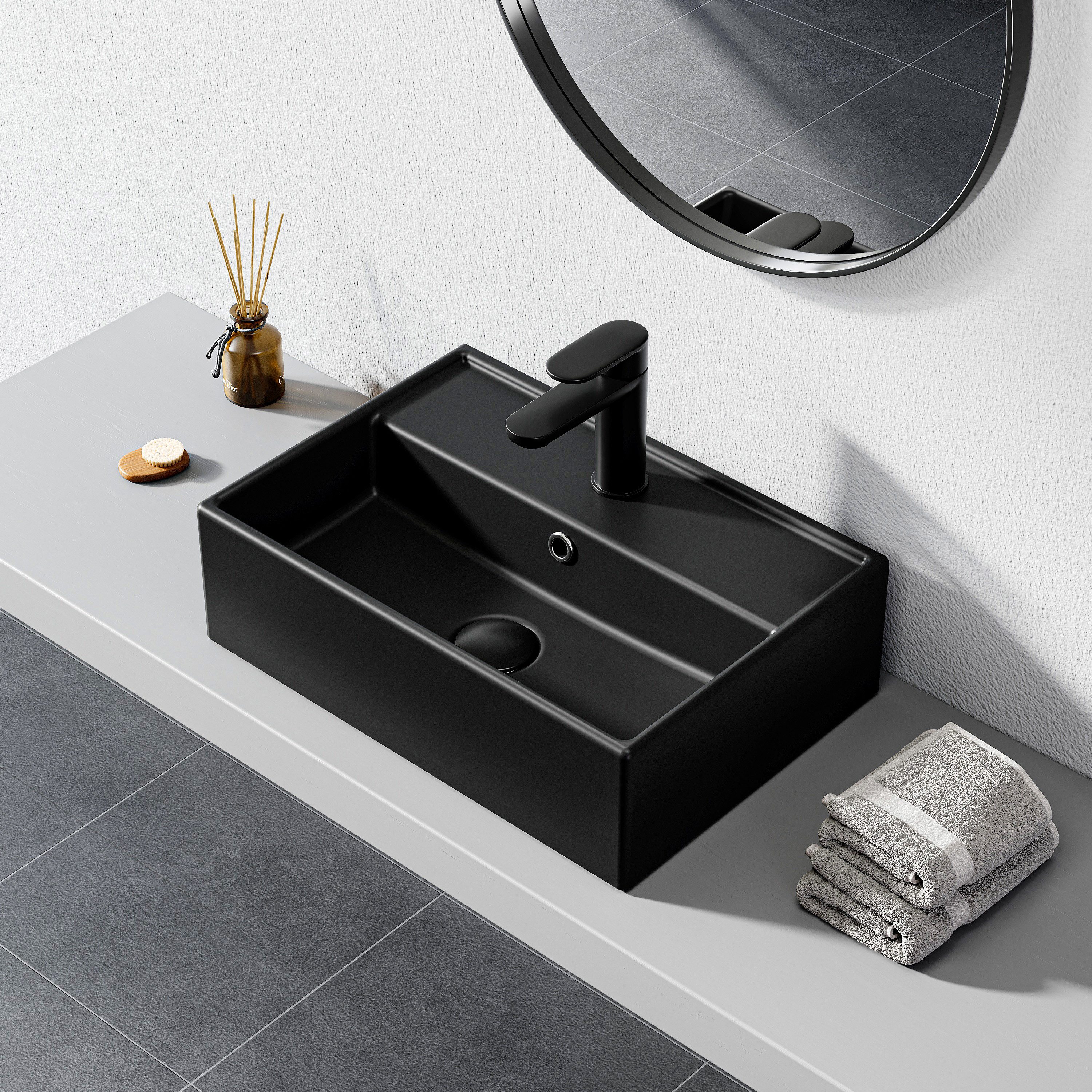 HOROW Waschbecken Keramik Aufsatzwaschbecken Hängewaschbecken 50cm 60cm 75cm (Badezimmer Waschtisch, mit Hahnloch und Überlauf - Weiß/Schwarz) – Bild 5 von 5
