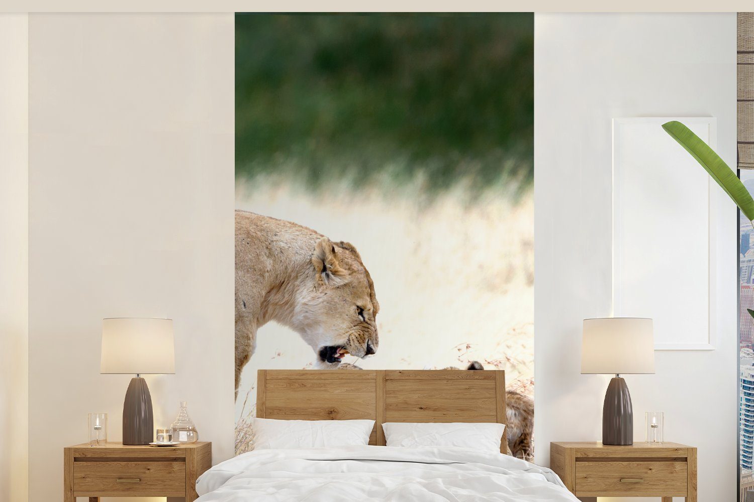 Löwe für Matt, St), Junge - - Familie, bedruckt, MuchoWow Gras Schlafzimmer Fototapete Wohnzimmer (2 Küche, Fototapete - Vliestapete
