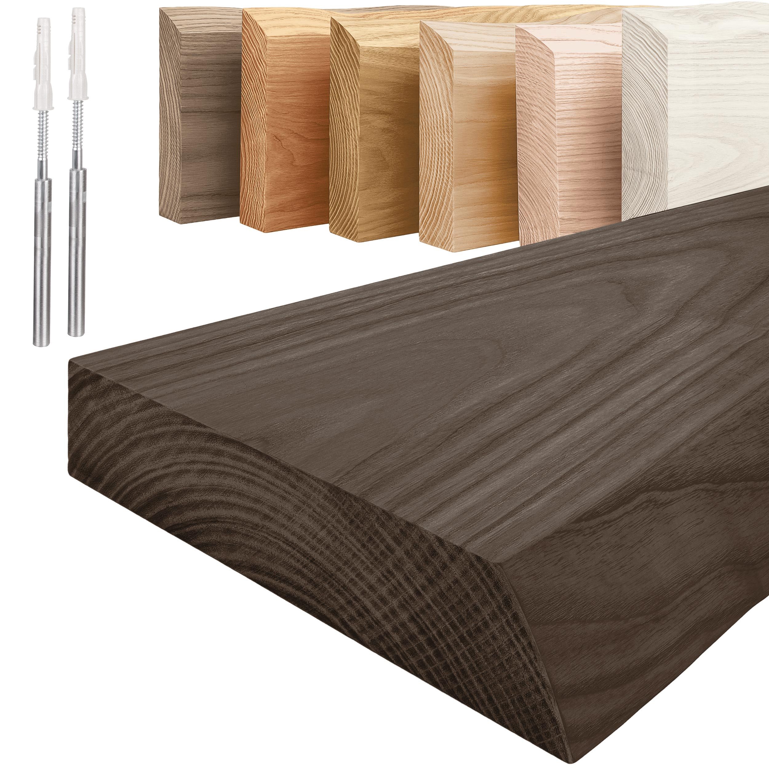 LAMO Manufaktur Wandregal Holz Baumkante Regal Farbe: Schwarz Invisible: Schweberegal 40 cm, Komplett-Set, 40mm stake Massivholzplatte