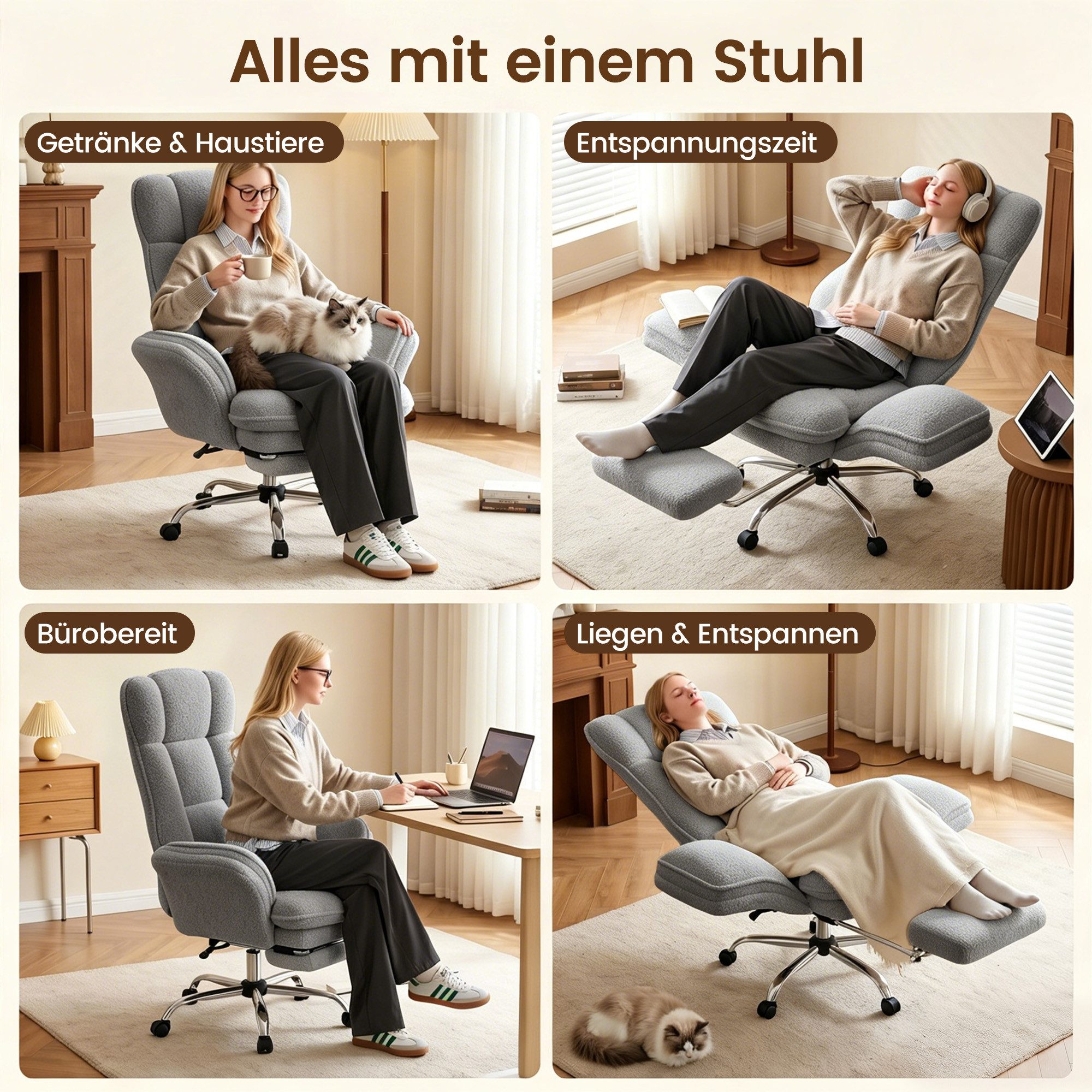 HawthyHome Bürostuhl mit Fußstütze & Klappbaren Armlehnen, 135° Teddy-Fleece, Ergonomischer (1 St), 360° leichtgängige Rollen, mit ausziehbarer Fußstütze für Pausen