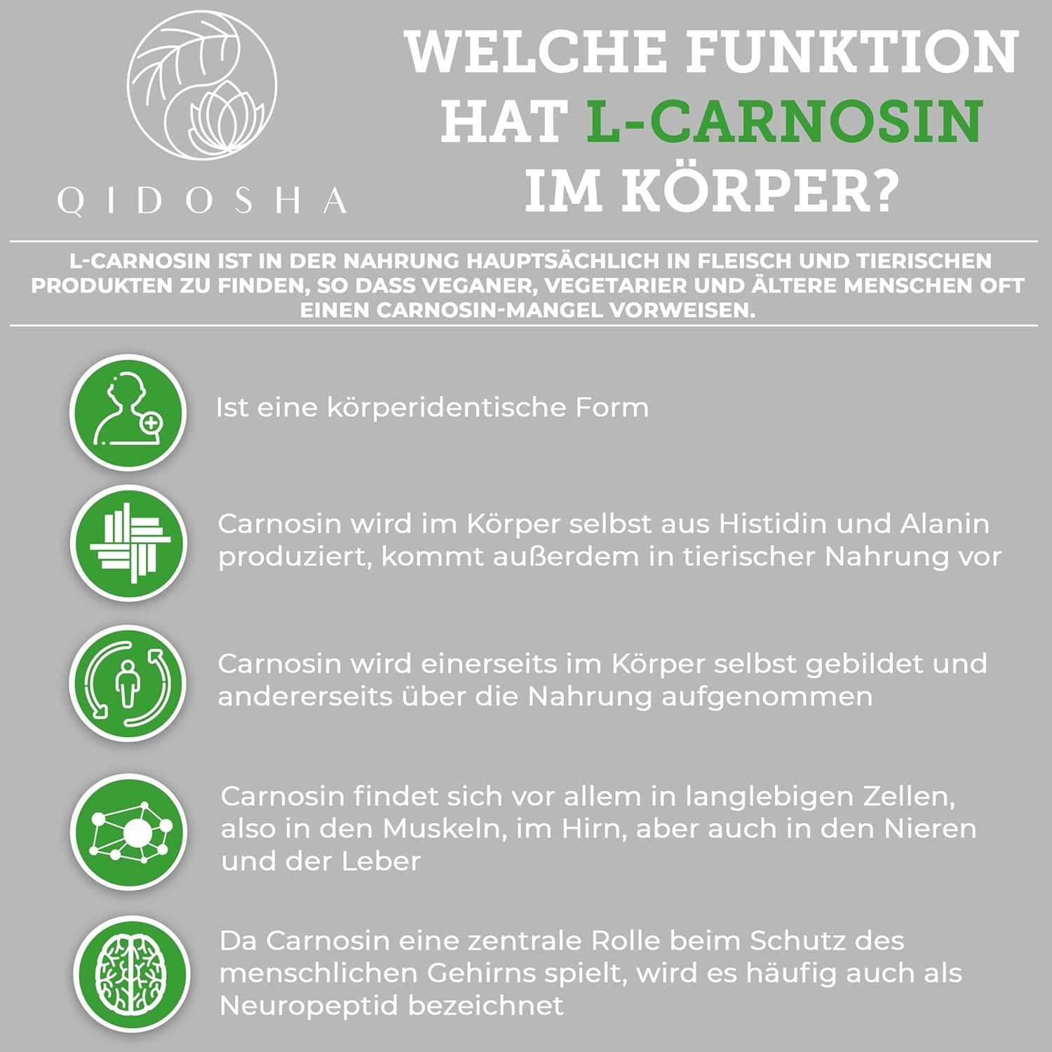 QIDOSHA L-Carnosin Kapseln, hochdosiert, 120 Kapseln im Apothekerglas, 500mg/Kapsel, vegan, laborgeprueft, deutsche Fertigung à 120 St., 74.4 g