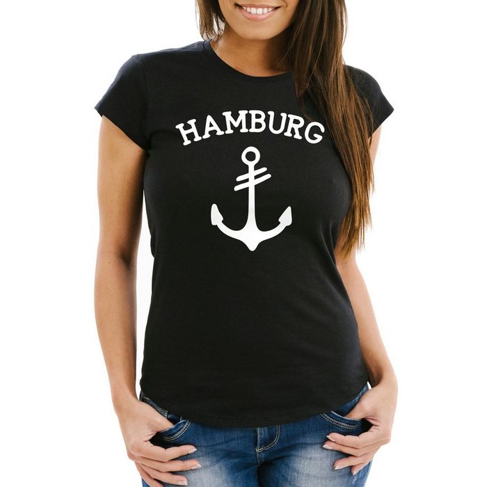 MoonWorks Print-Shirt Damen T-Shirt Anker Hamburg 2 Slim Fit Moonworks® mit Print
