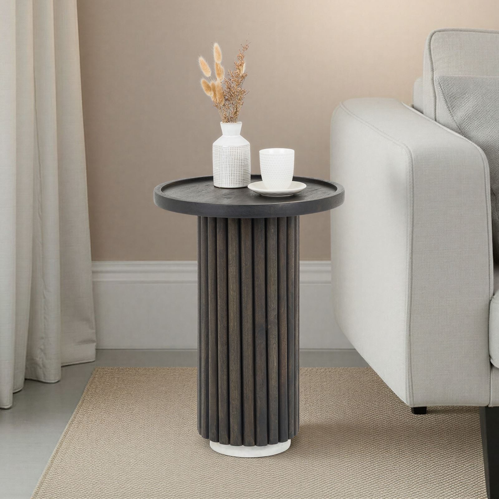 IDIMEX Beistelltisch BEJA, Couchtisch rund 38 cm aus massivem Mangoholz mit Marmorfuß Braun/Weiß