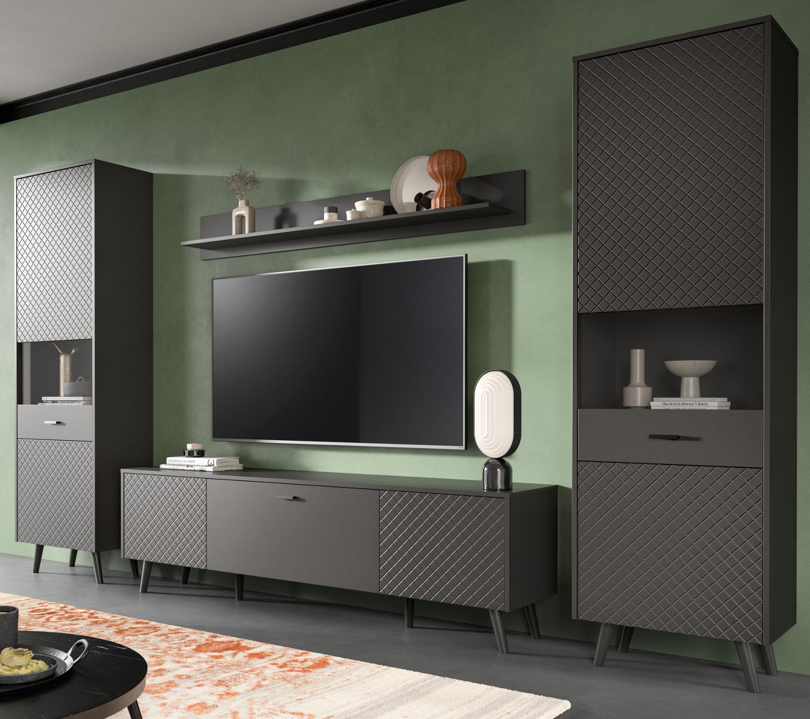 Inn.Furn Wohnwand Madea, (Schrankwand in mattem Grau, 4-teilig, 330 x 195 cm), mit Rautenfräsung, Push-To-Open