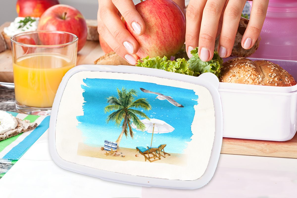 MuchoWow Lunchbox Strandkorb - Brotdose, Kinder Brotbox Erwachsene, - Mädchen Sonnenschirm weiß für Palmen (2-tlg), Strand, Jungs Kunststoff, für - und und