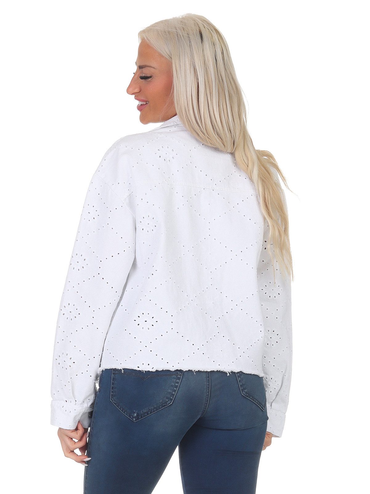 Aurela Damenmode Jeansjacke Damen Sommerjacke Jeanslook leichte Kurzjacke Denim mit Lochstickerei