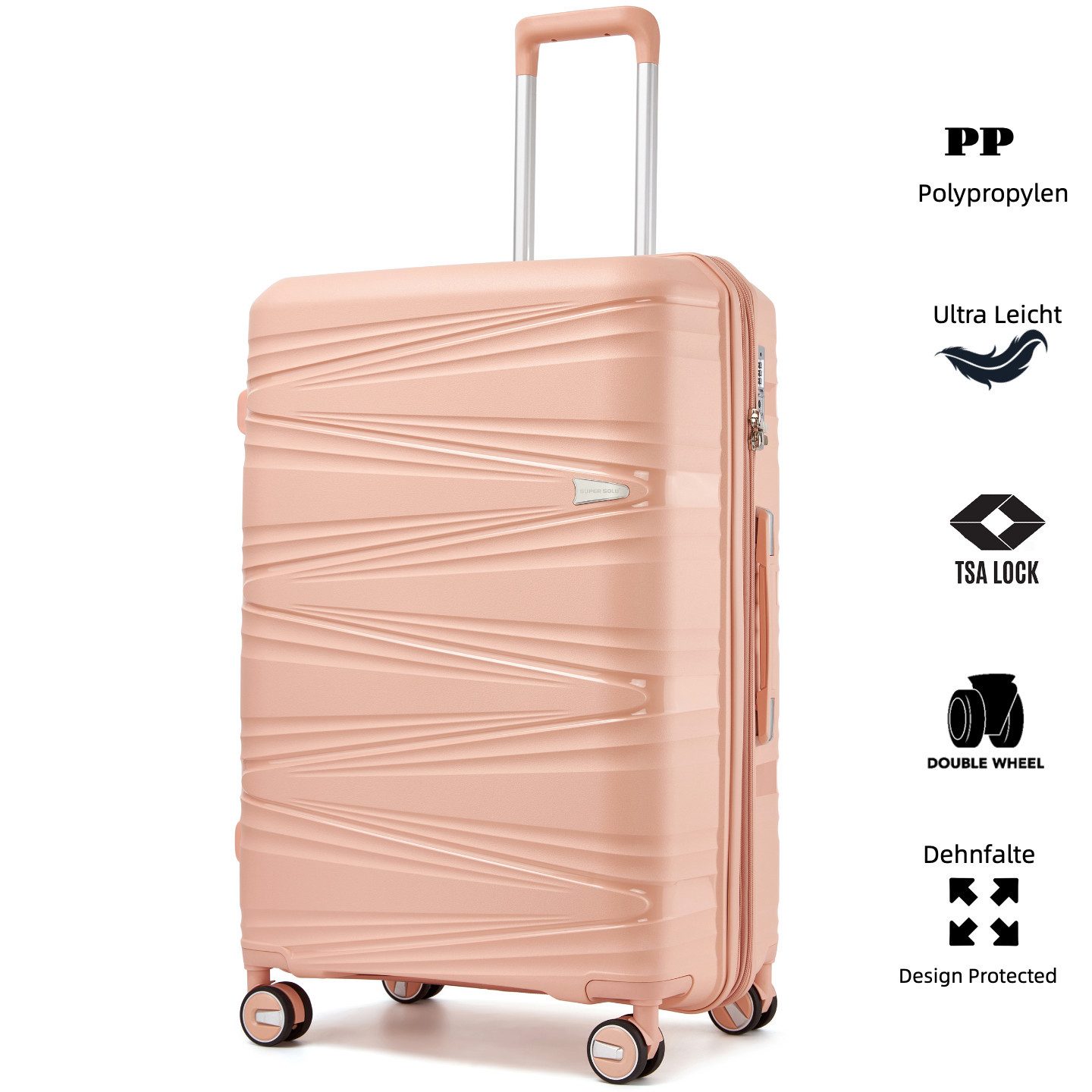 Super Solu Hartschalen-Trolley XL 74cm Polypropylen Koffer, Reisekoffer Erweiterbar Hartschale, 4 Rollen, 360° drehbar, Rosa, leicht & robust, TSA, 28 Zoll