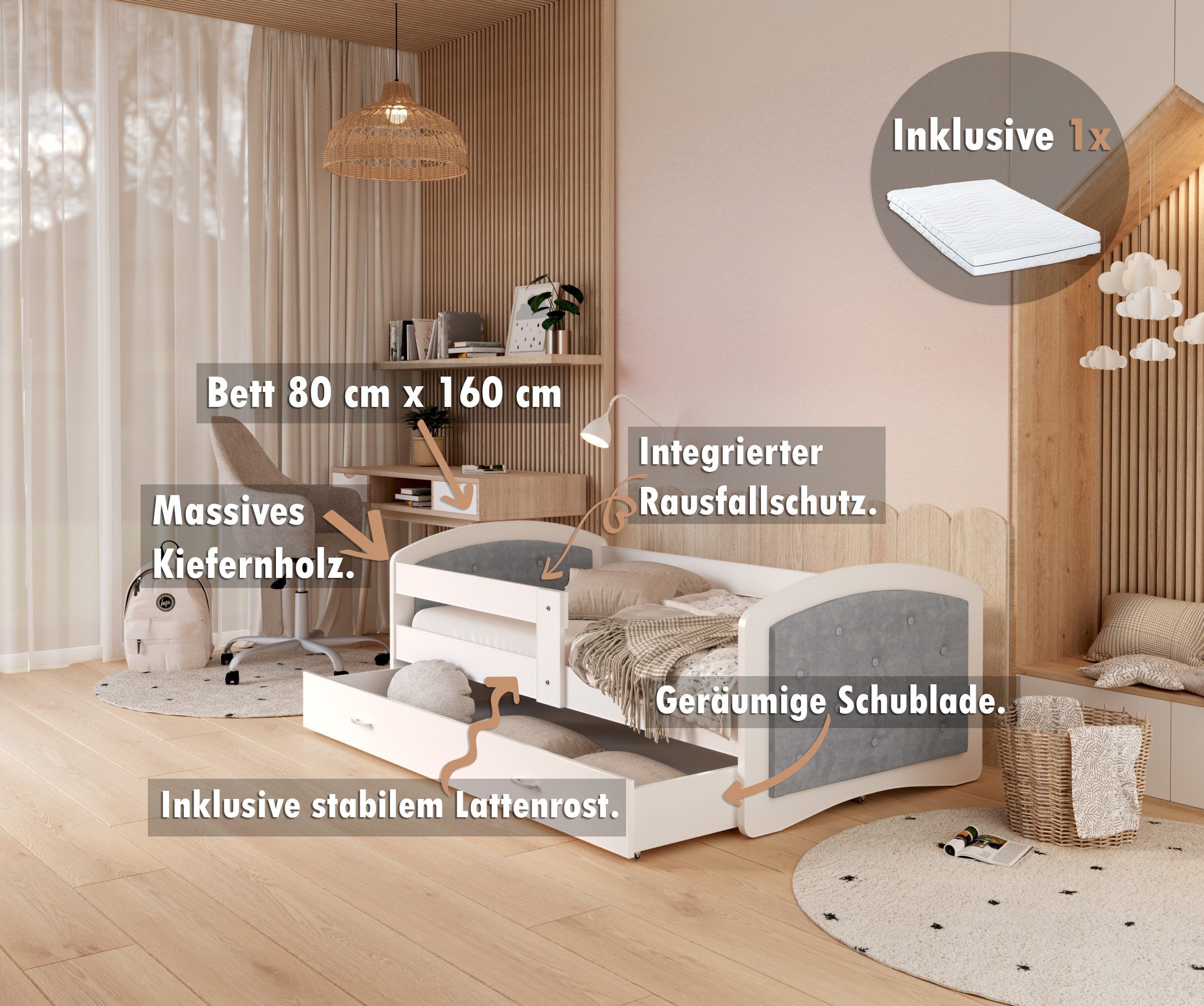 AJKmeble Kinderbett mit Rausfallschutz, 80x160, 80x180, günstig online kaufen