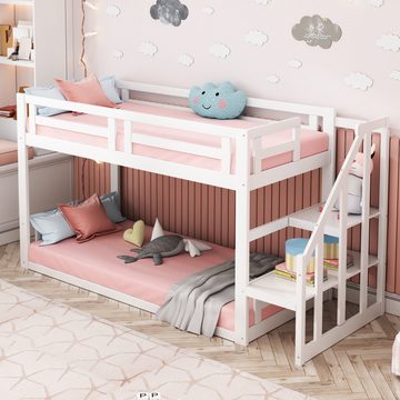 IDEASY Kinderbett Jugendbett,90*200cm, Niedriges Etagenbett, (aus Massivholz mit Lattenrost,mit Sicherheitsleiter), 29 cm langen Sicherheitsschienen ausgestattet