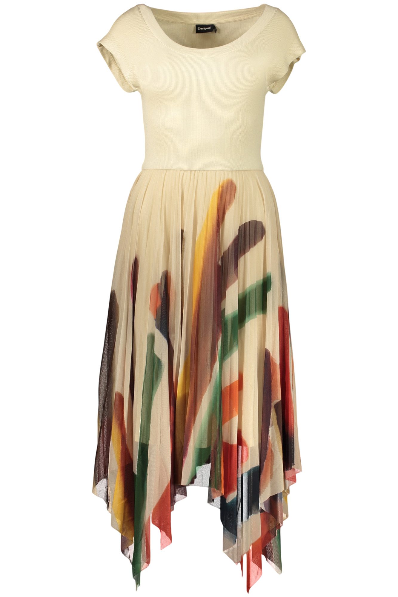 Desigual Partykleid Elegantes Langes Kleid Beige mit Muster und weitem Ausschnitt für Dam