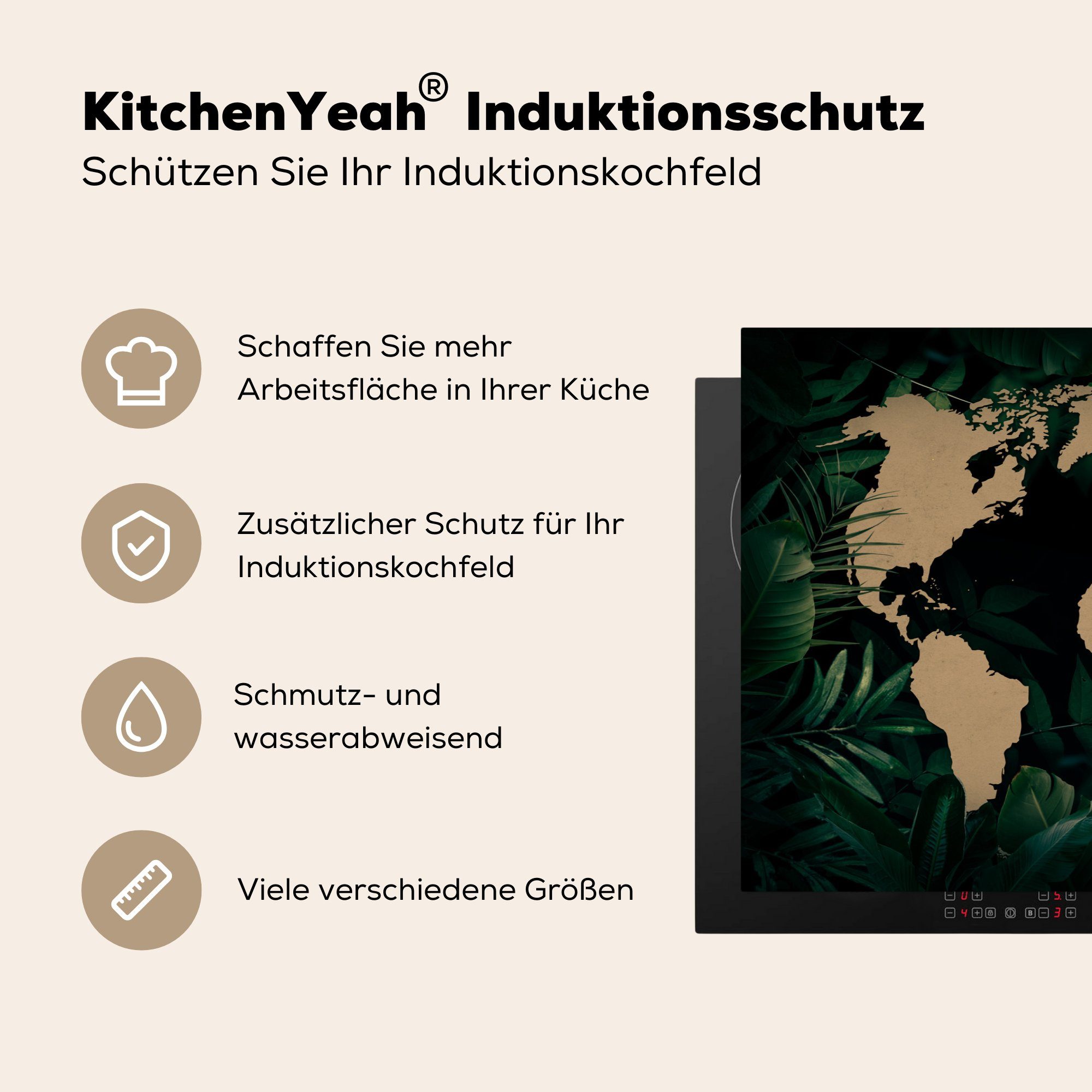 Weltkarte Pflanzen cm, - tlg), Induktionskochfeld die Vinyl, für Herdblende-/Abdeckplatte Ceranfeldabdeckung Tropische Pflanzen, 81x52 (1 - MuchoWow Schutz küche,