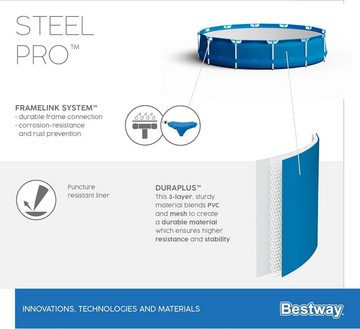 Bestway Rundpool Steel Pro Frame Pool-Set mit Filterpumpe, Ø 366 x 76 cm, blau, rund