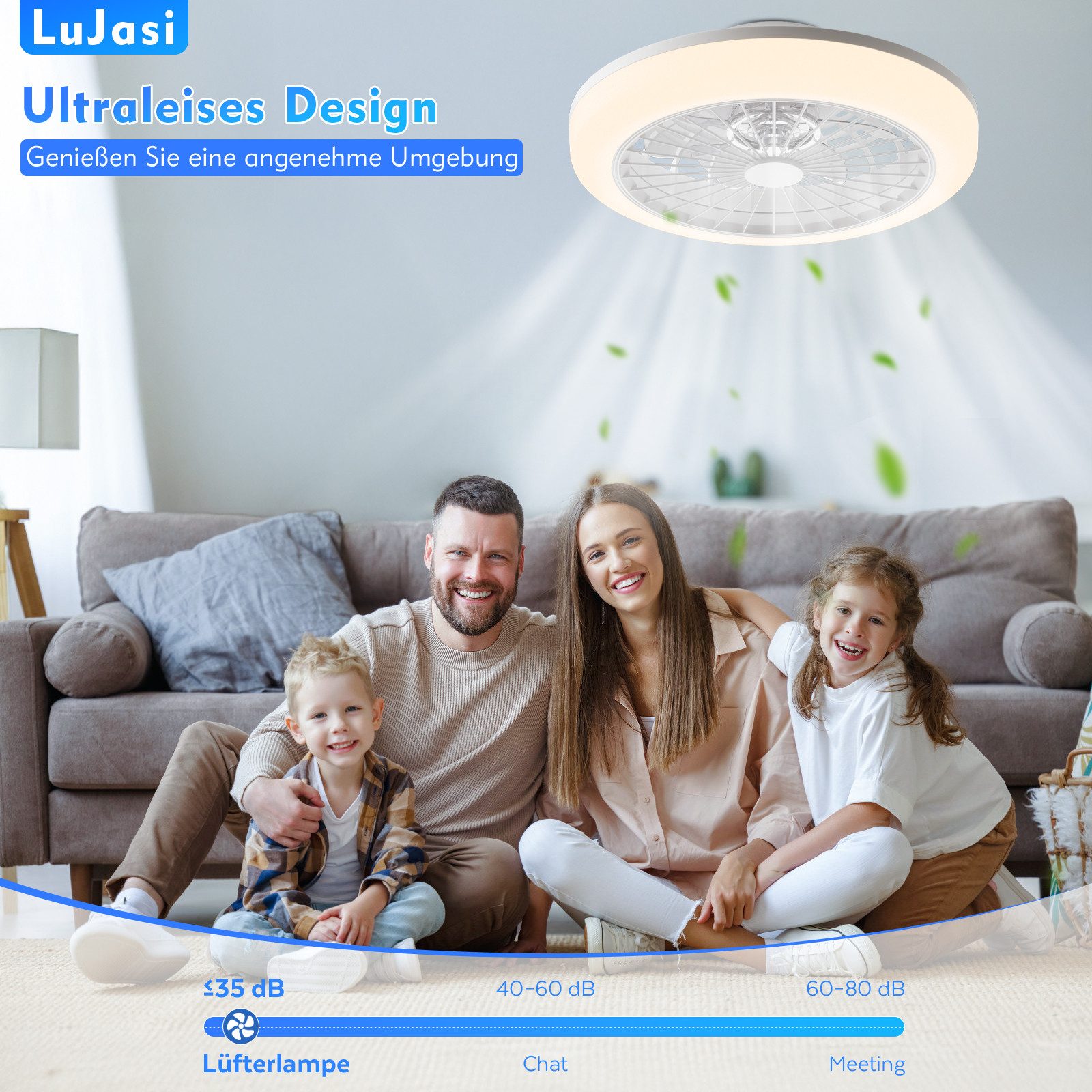 Lujasi Deckenventilator 36W LED-Deckenleuchte mit Ventilator, App und Fernbedienung, 6-Gang, 3 cm Durchmesser, 3000K-6500K, 6 Windstufen, Leise, Timer, Lampe mit Ventilator für Wohn