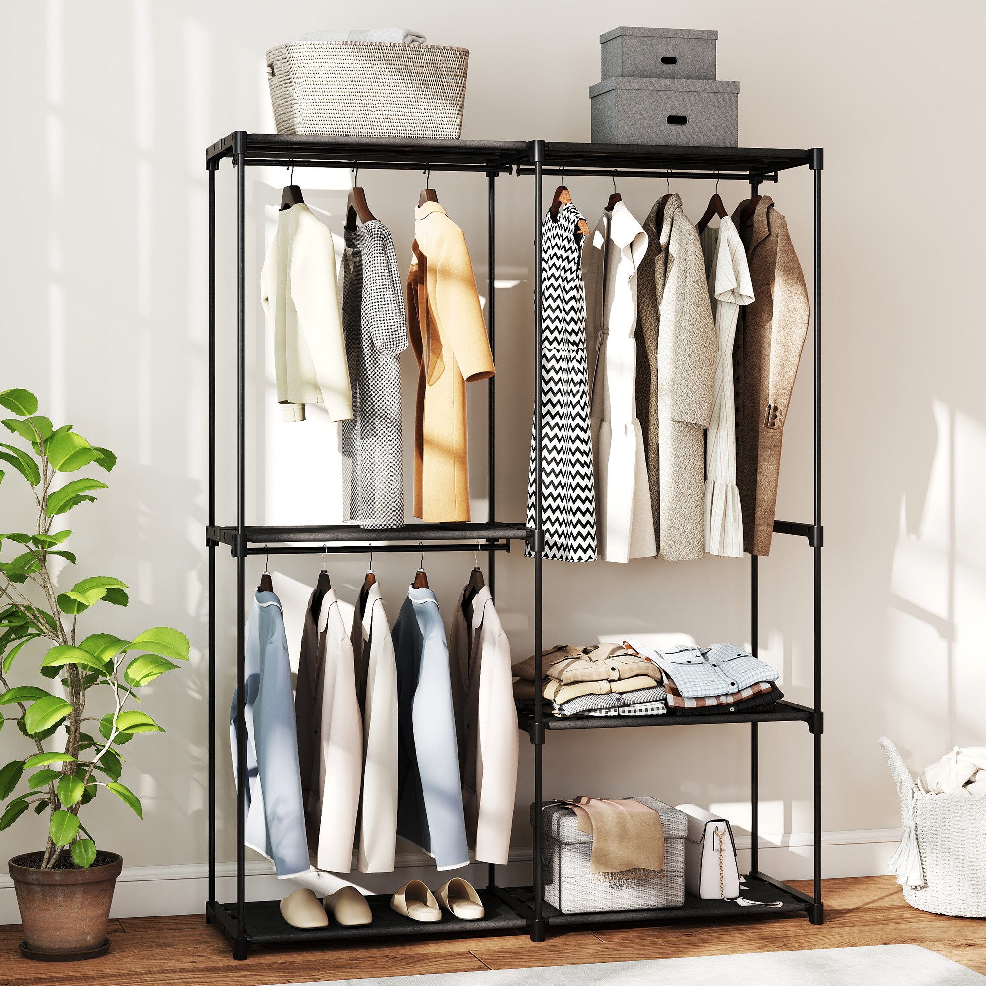 HOMCOM Stoffschrank Kleiderschrank mit Kleiderstange, Ablagen, Stoffkleiderschrank (Kleiderschrank, 1-St., Garderobe aus Stoff) Staubschutz, Schwarz