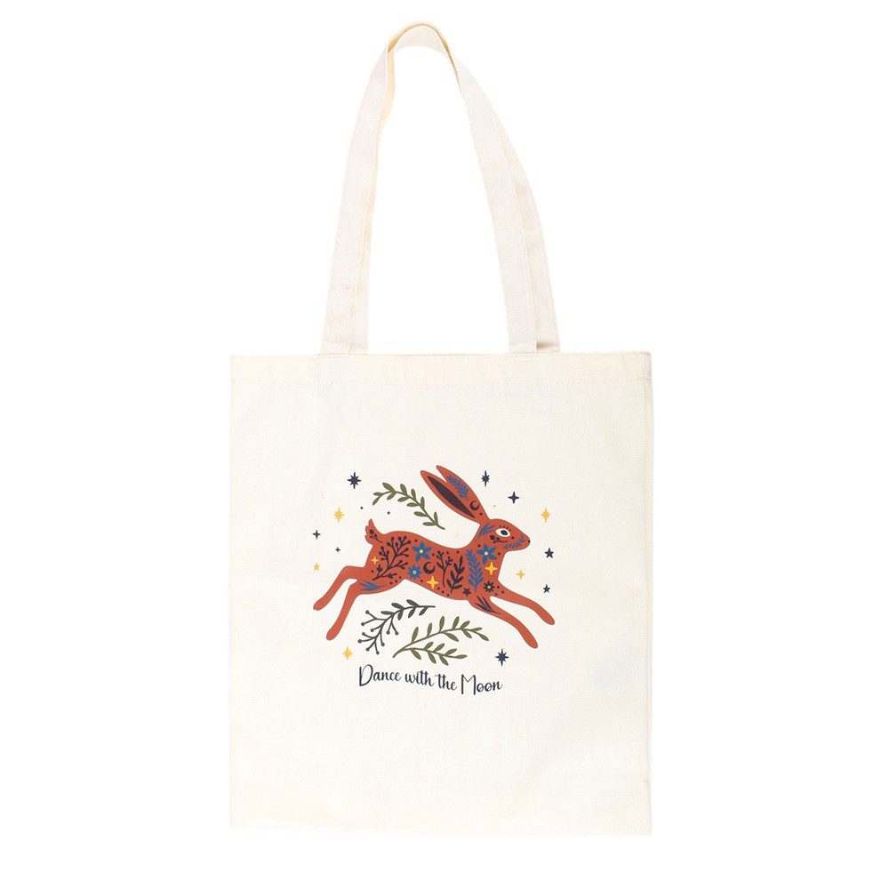 Something Different Schultertasche Dance with the Moon – Vintage Hasen Stofftasche Umhängetasche, Canvas-Tasche mit Vintage-Hasenmotiv und Mond-Design