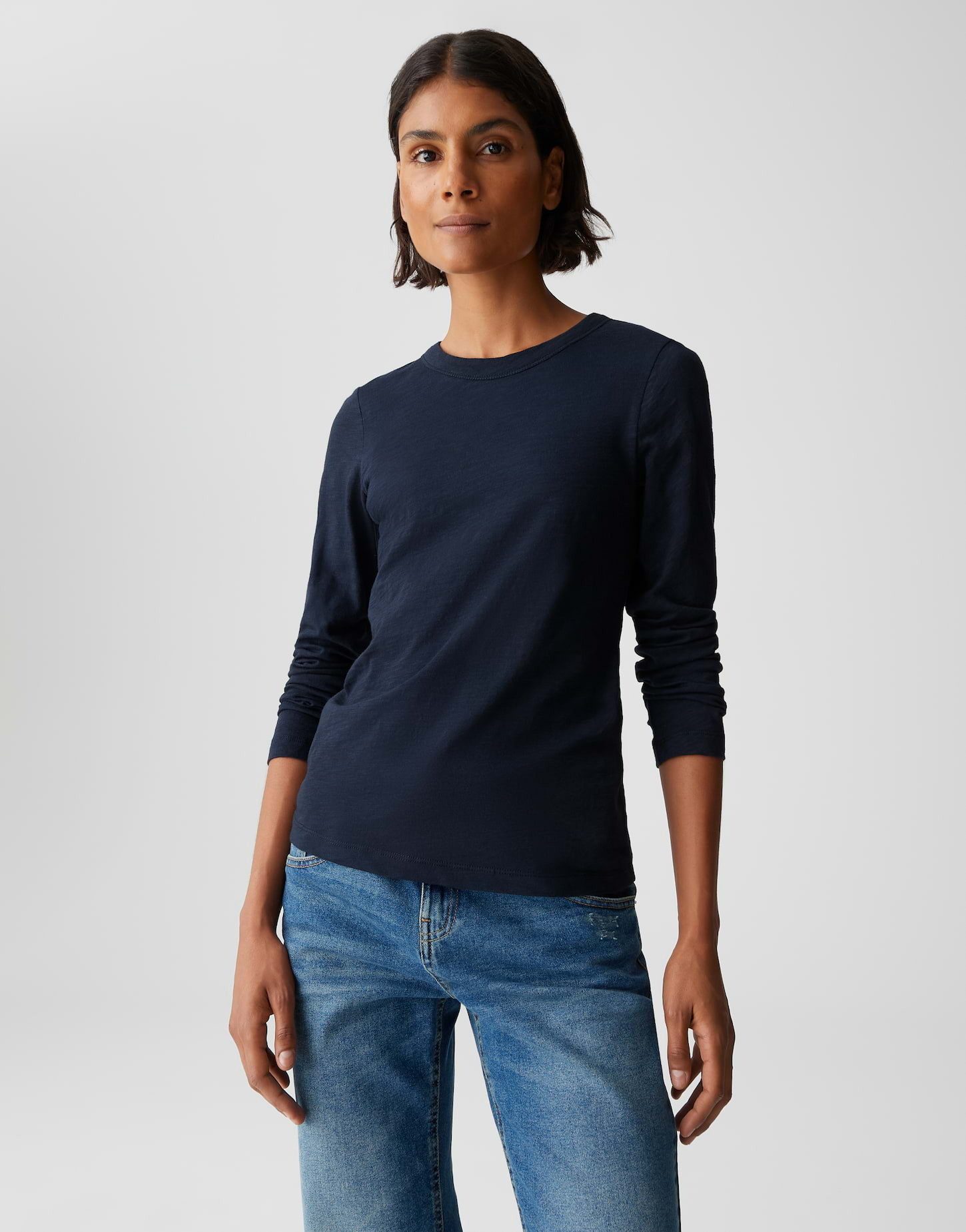 OPUS Longsleeve SIMOOK aus nachhaltiger Baumwolle schmale Passform, elastischer Stoff, dezente Struktur