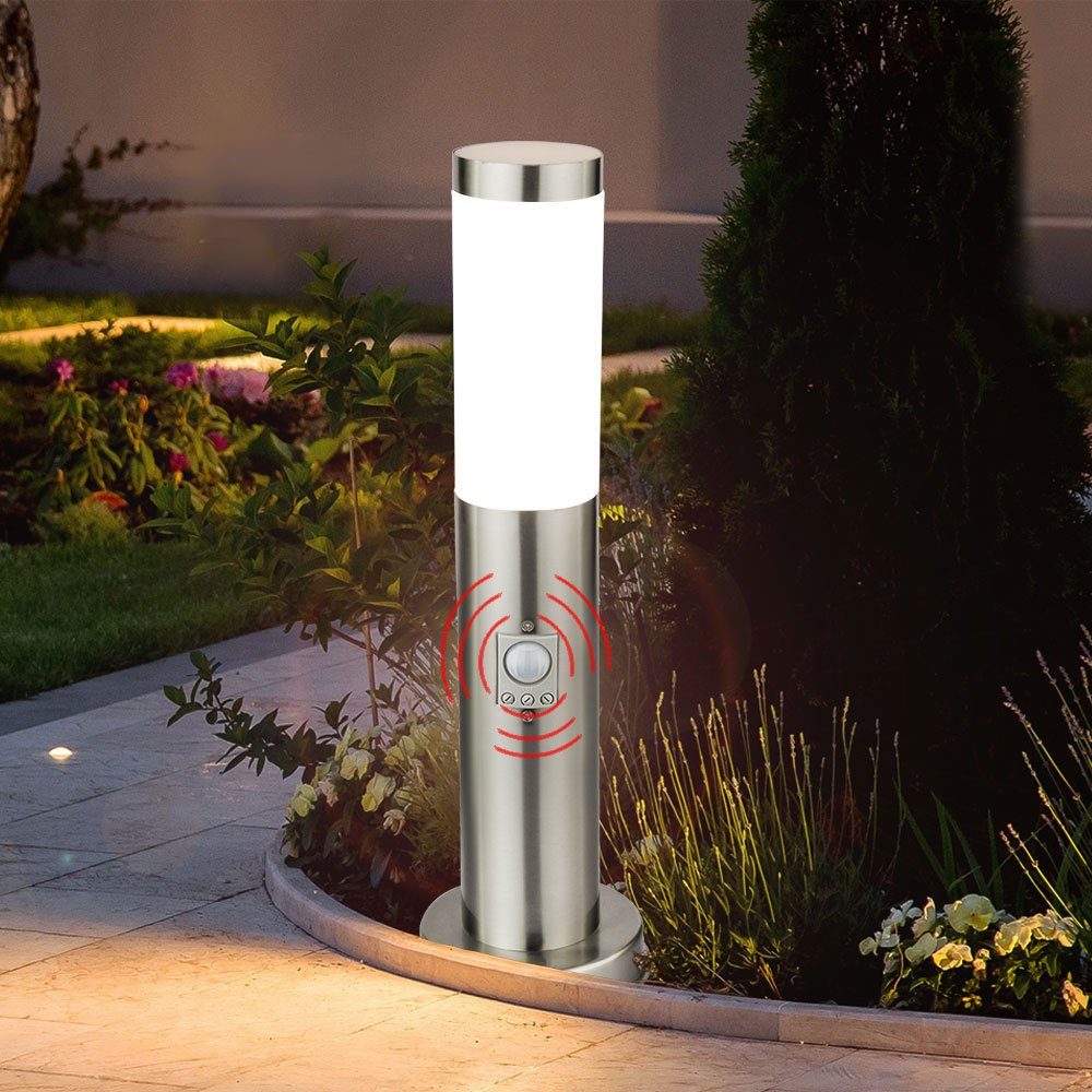 Leuchte Steh Stand Außen-Stehlampe, im Bewegungsmelder LED Leuchtmittel inklusive, Warmweiß, etc-shop Edelstahl silber Garten Lampe