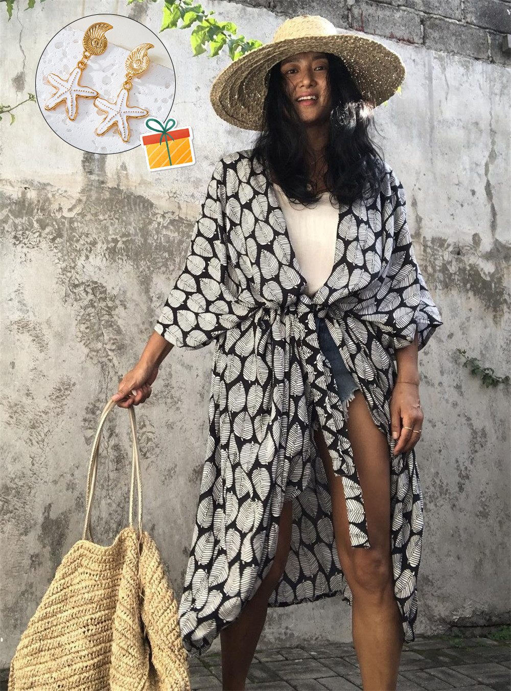 MOPUEA Strandkleid Kaftan Boho Kimono Strandkleid Bikini Cover Up Sommer Beachwear (1-tlg) Luftig mit Batikmuster, leichter Sonnenschutz für Strand und Urlaub