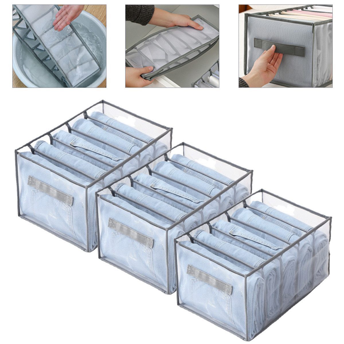 AURIVION Aufbewahrungsbox Aufbewahrungsbox waschbar für Kleidung & Schrank Ordnung (Set, 3 St., Kleiderorganisator 3 Stk. mit 5/7/9 Fächern faltbar), Faltbarer Organizer für Jeans, T-Shirts & Unterwäsche