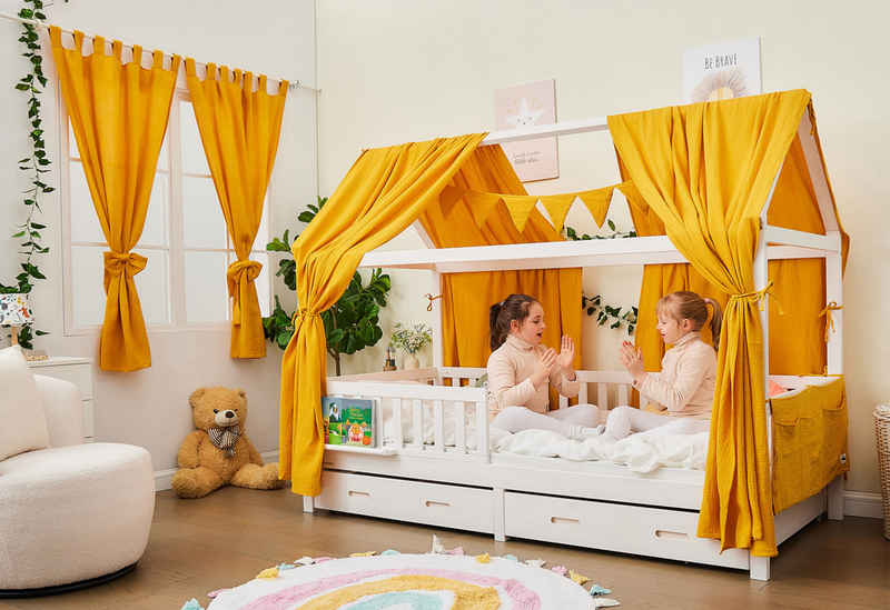 Vorhang Komplett SET mit Hausbett DEKO, Alavya Home®, Schlaufen (2 St), Lichtschutz, 100% Bio-Musselin Baumwolle, Vorhänge 100 x 150 cm Kurz 2er-Set für Kinderzimmer