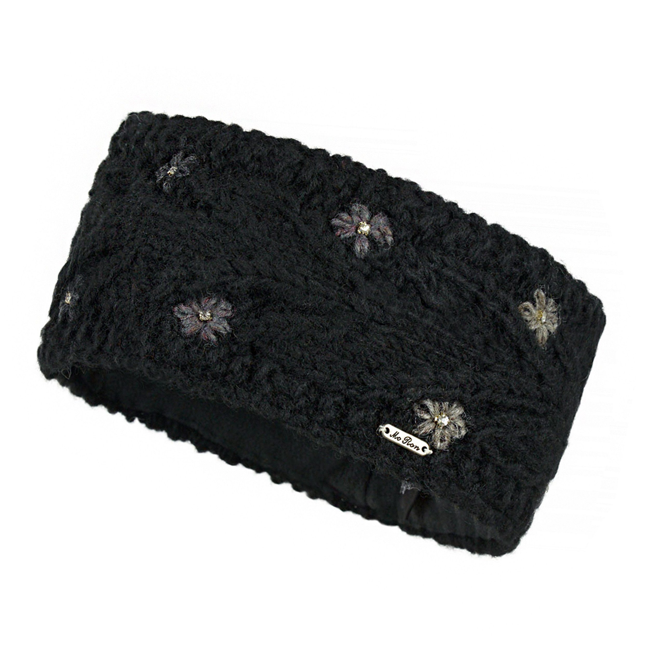 McRon Stirnband Gestricktes Stirnband mit Strasssteinen Modell Flora mit wärmender Wolle Schwarz