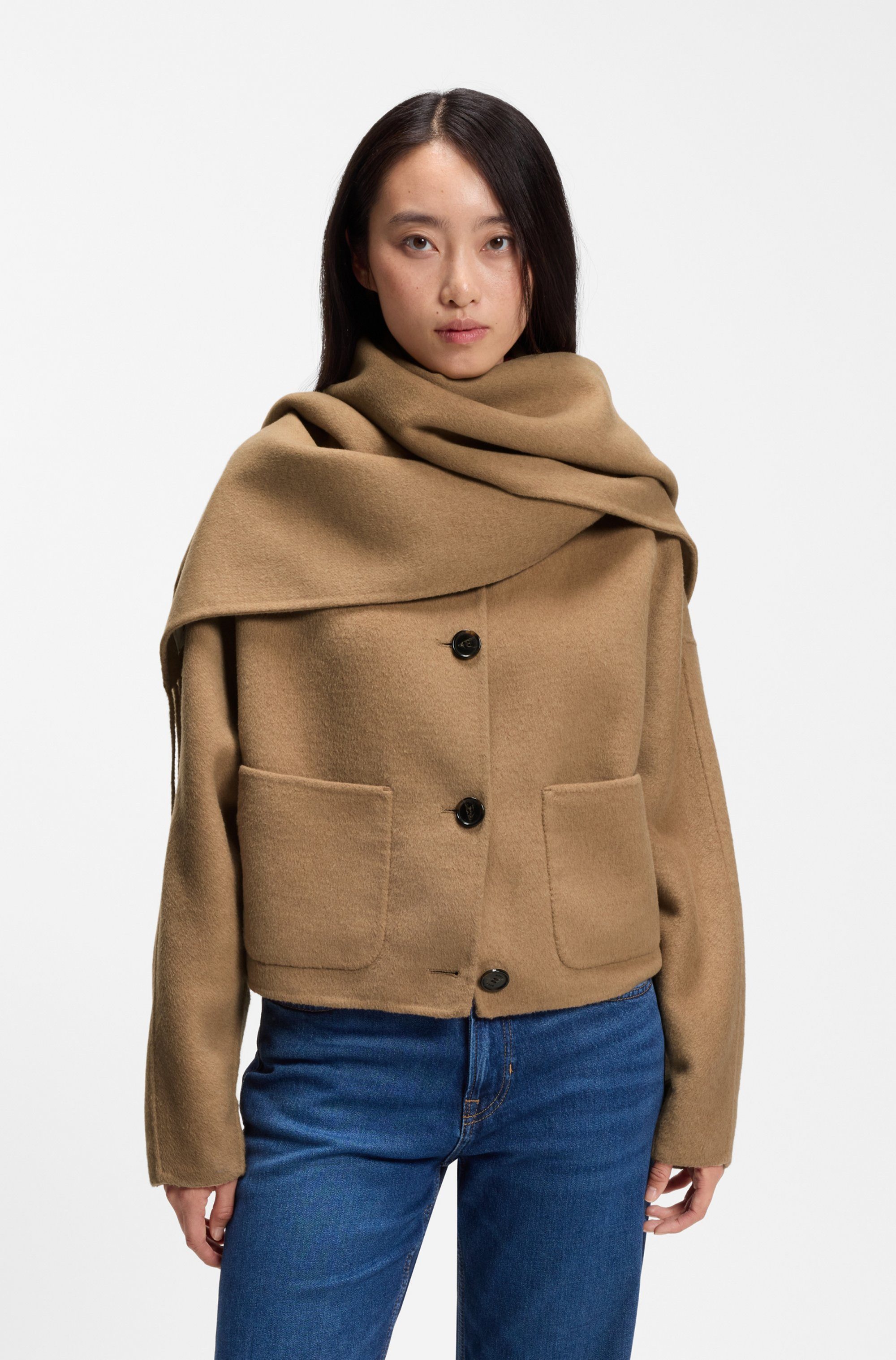 BOSS ORANGE Kurzmantel Cafrina Premium Damenmode mit Woll-Anteil, abnehmbarer Schal