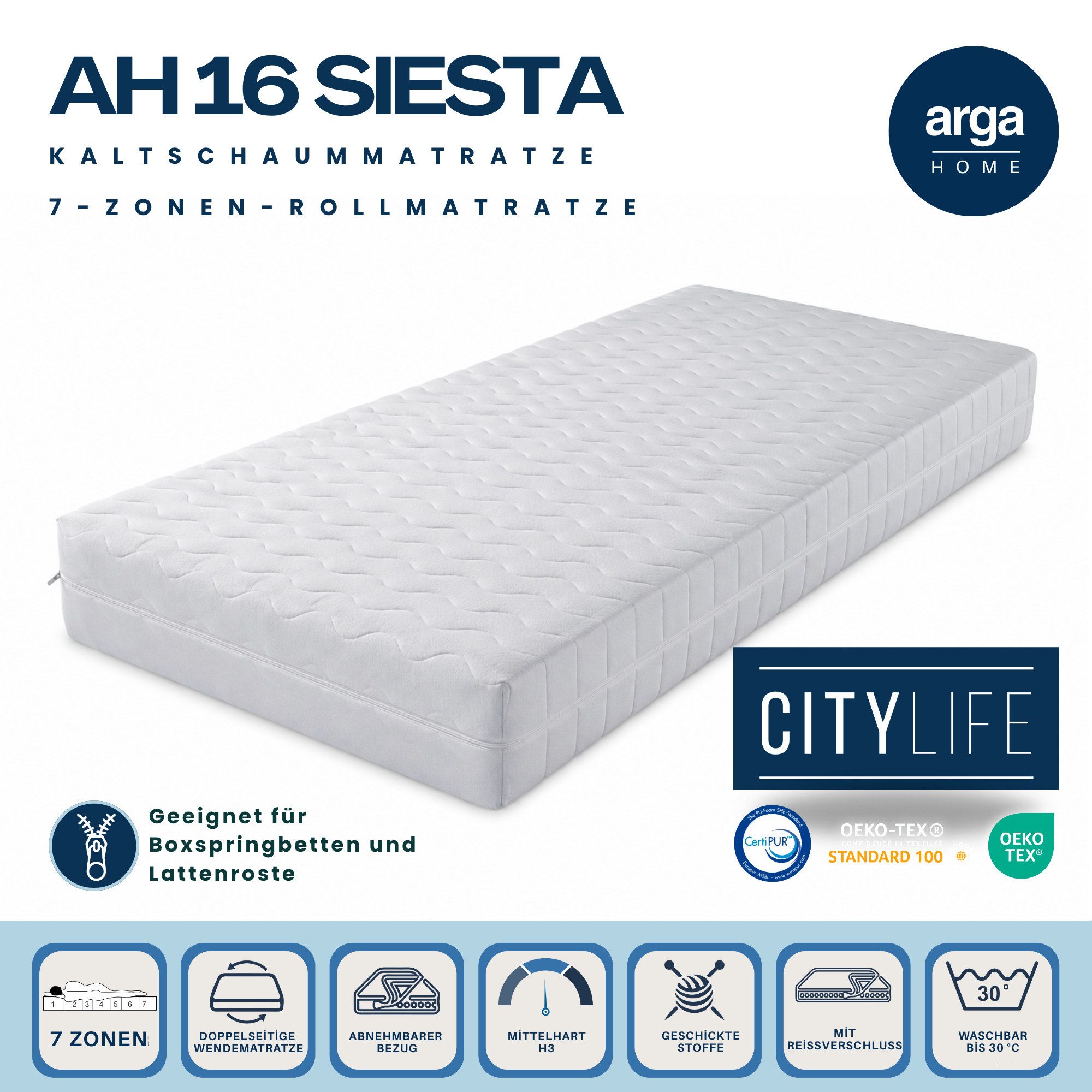 Kaltschaummatratze AH16 SIESTA Kaltschaummatratze, 16 cm höhe, 7 Zonen, H3, ARGAHOME, 16 cm hoch