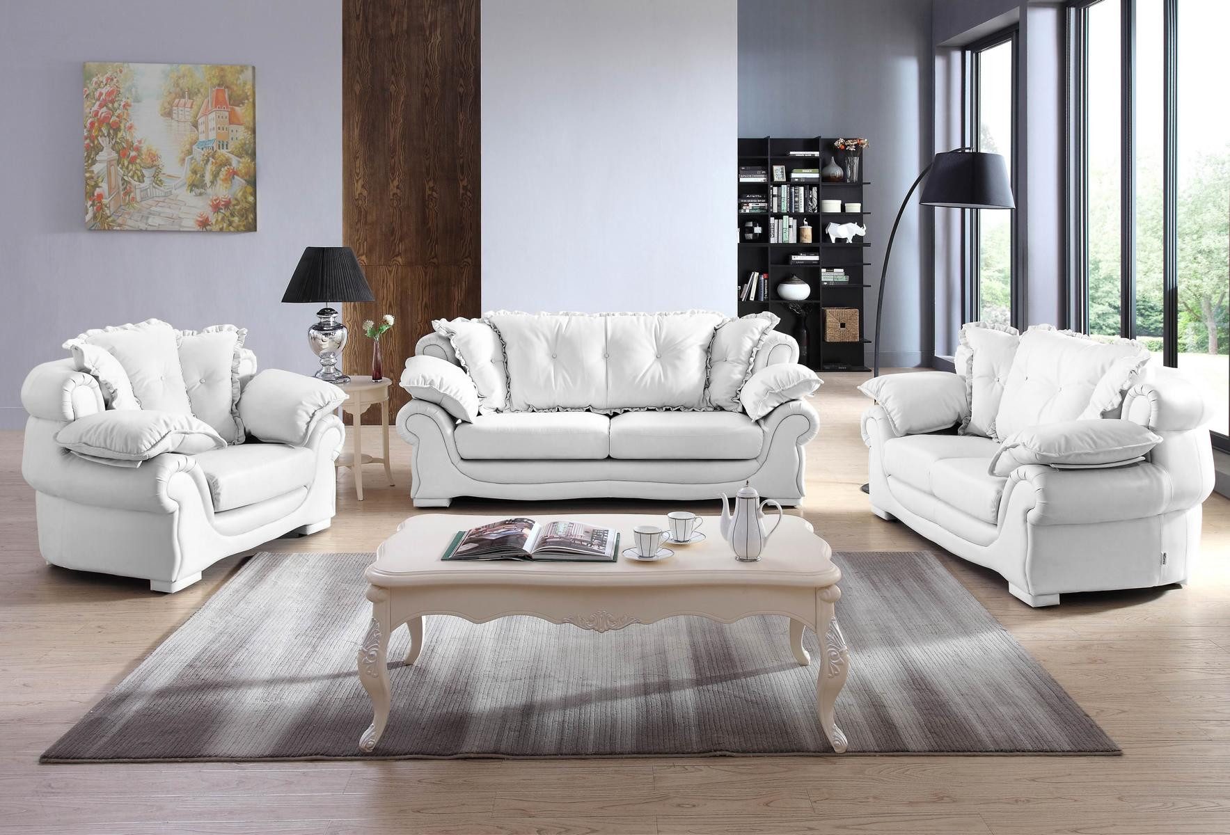 Salottini Polstergarnitur Sofagarnitur Nico Leder 3/2/1 Farbe Weiß Polstergarnitur, (3-tlg), Federkern