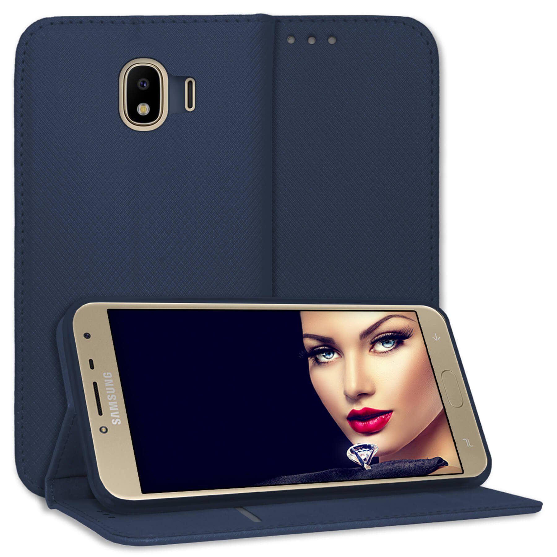 mtb more energy Smartphone-Hülle Smart Magnet für Samsung Galaxy J4 2018, Blau, Bookstyle Klapphülle Cover Wallet Case aus Kunstleder