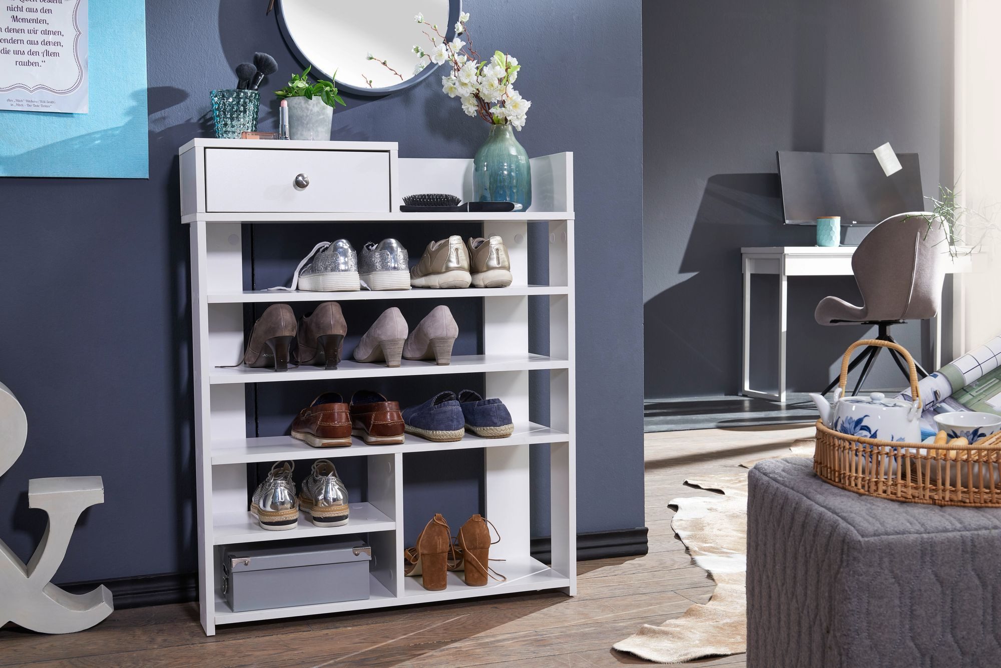 FINEBUY Schuhregal FB54442 Weiß 75x92,5 cm Flurregal Hoch Regal 7 Fächer mit Schublade, 75 x 92,5 x 24 cm, Flurregal Weiß Modern, Standregal mit 7 Fächern, Regal mit Schublade