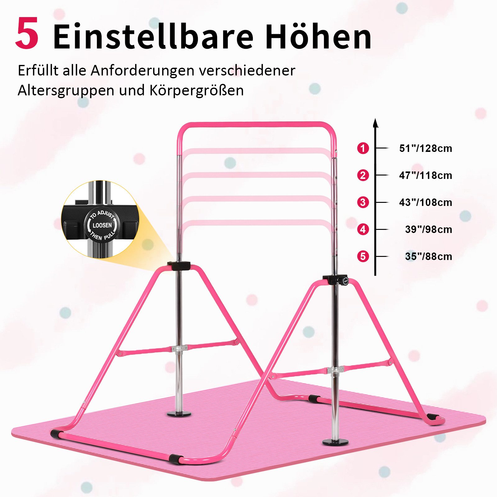 Hausright Turnreck Gymnastikstange für Kinder, Turnstange ab 3 Jahre, 88-128cm, (Gymnastikstange, Gymnastikmatte, Polster & 2 Ringen), Verstellbaren Höhen Faltb – Bild 4 von 5