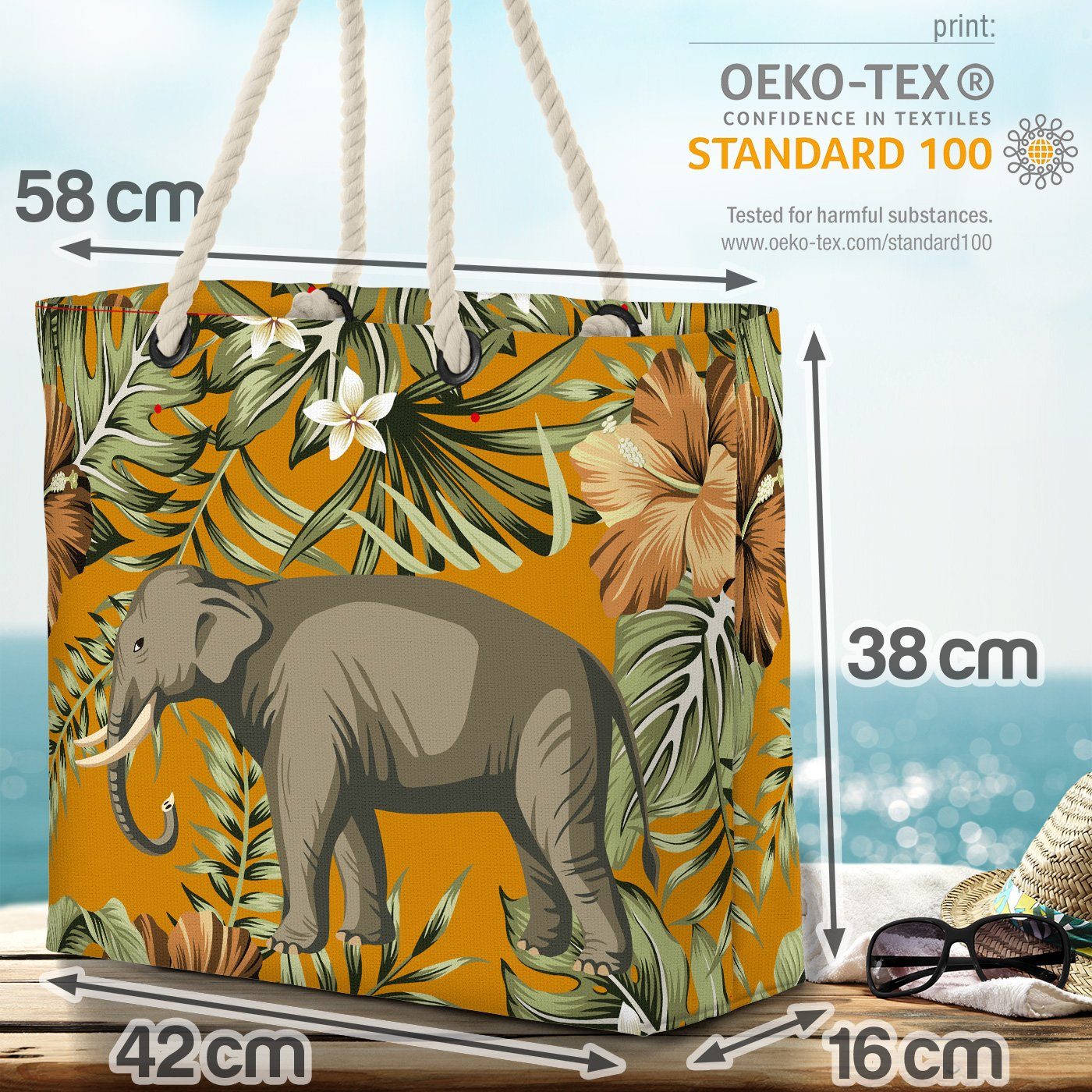 (1-tlg), Indien Wild-Tiere Beach Zoo Strandtasche Elefant Vintage Urwald Bag Blumen VOID indisch Palmen
