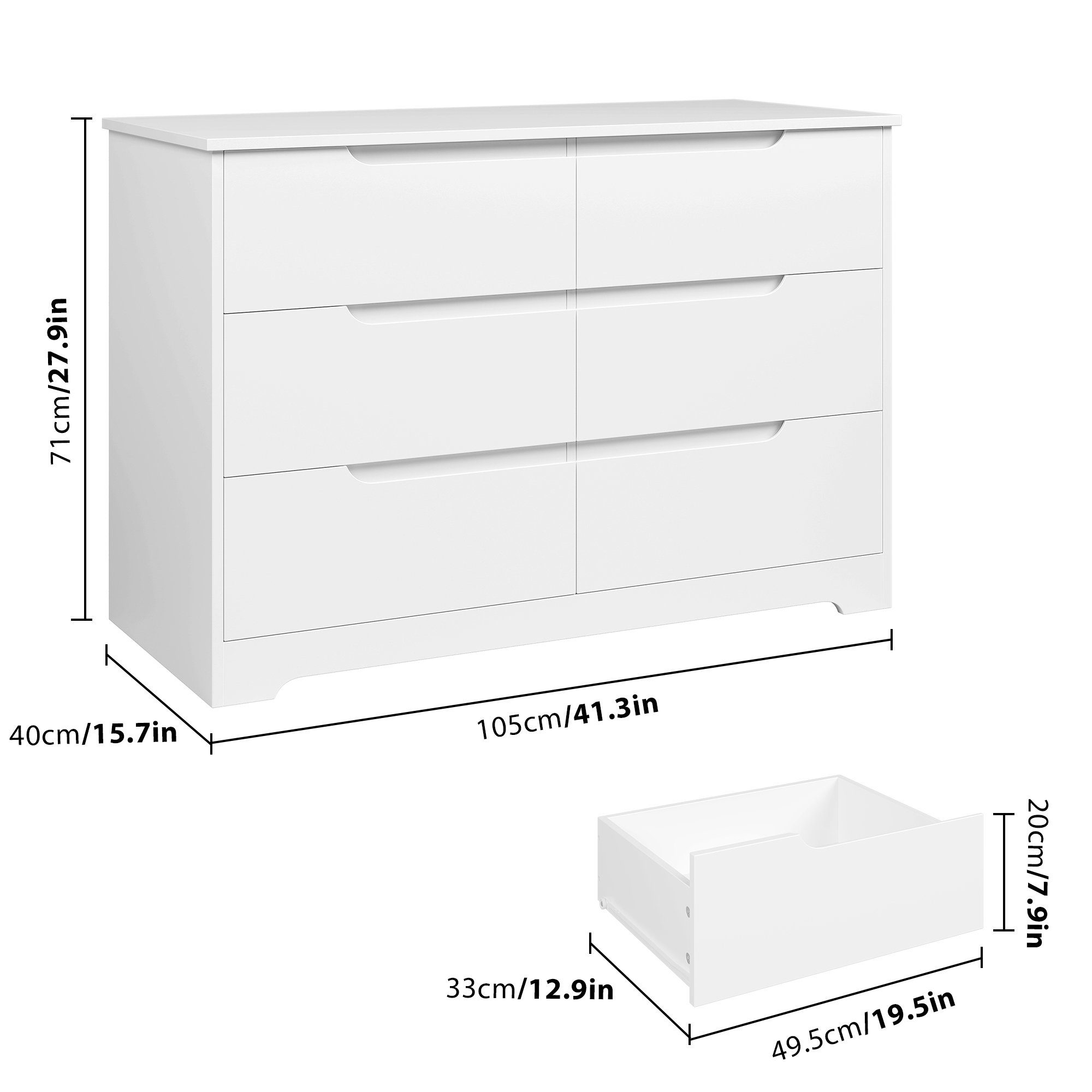 Schlafzimmer mit Kommode, Sideboard HOMECHO Weiß 6 Schubladen, Kommode für