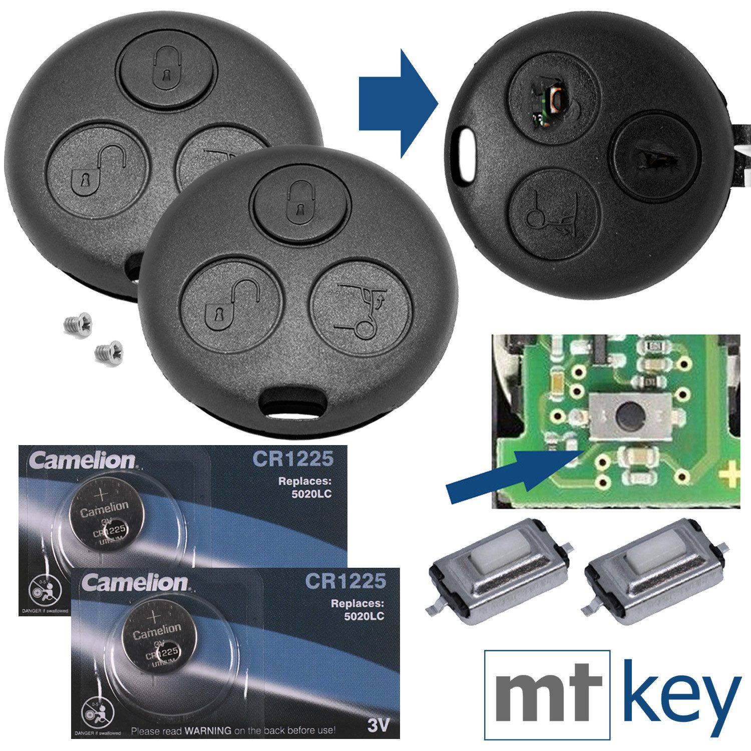 mt-key Auto Schlüssel Reparatur Gehäuse + 2x Taster + 2x passende CR1225 Knopfzelle, CR1225 (3 V), für Smart 450 Funk Fernbedienung