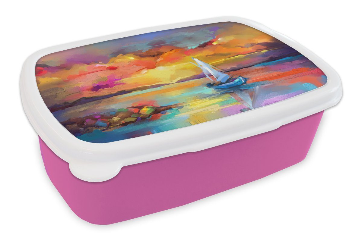 MuchoWow Lunchbox Malerei - Ölfarbe - Boot - Farben, Kunststoff, (2-tlg), Brotbox für Erwachsene, Brotdose Kinder, Snackbox, Mädchen, Kunststoff rosa