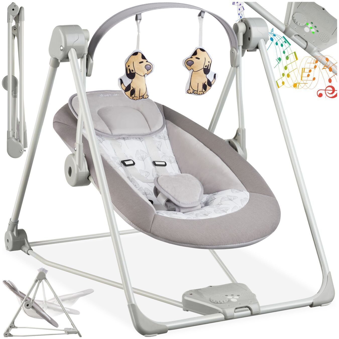 tectake Babyschaukel klappbare elektrische Schaukel mit Timer und 5 Geschwindigkeiten, 5 beruhigende Naturgeräusche und Spielebogen