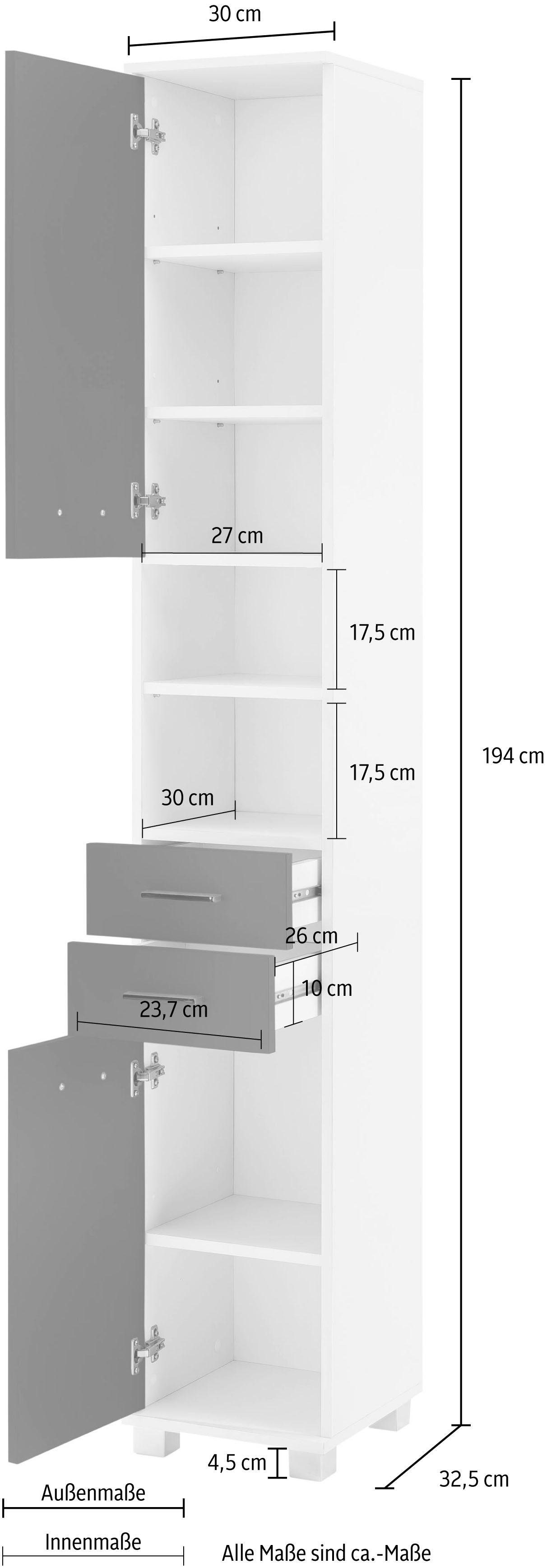 weiß/basaltgrau offenen Fächern Lumo cm, mit Breite Schildmeyer & Türen, 30 2 Hochschrank 2 2 Schubladen