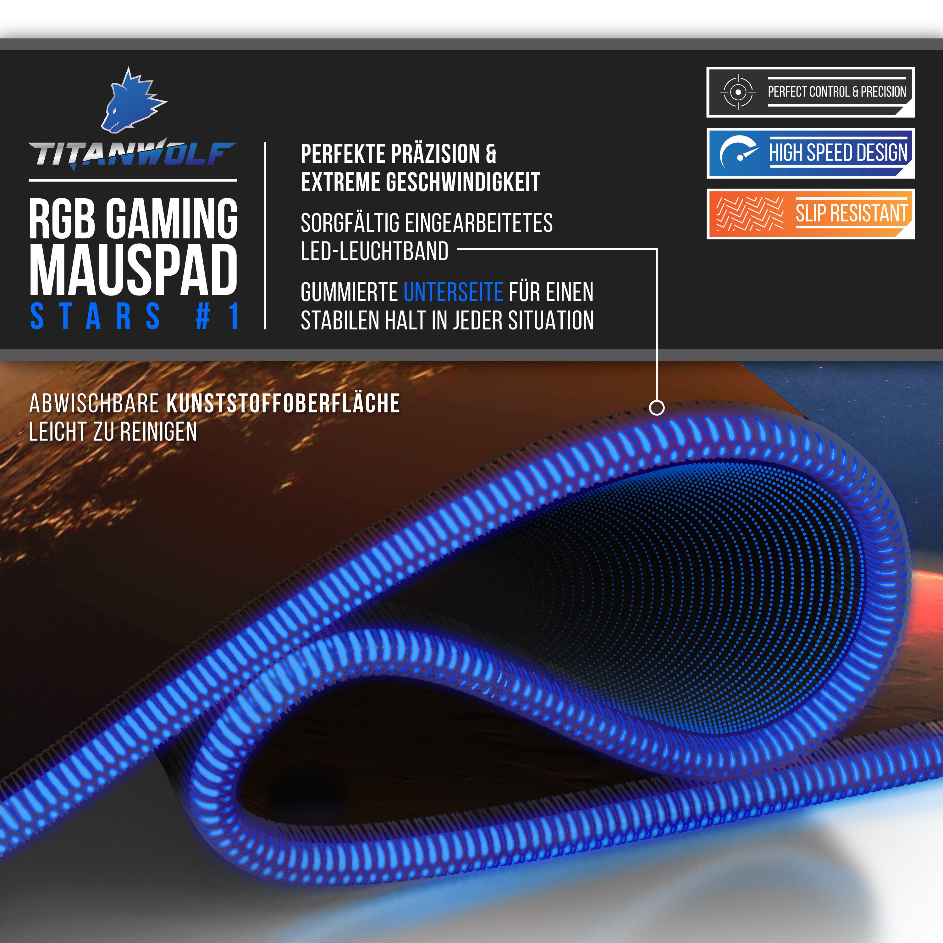 Titanwolf Gaming Mauspad RGB Mousepad 800 x 300 x 3 mm, Multi Color LED XL Tischunterlage (1-St), rutschfest, abwaschbar, Geschwindigkeit & Präzision, Stars & M – Bild 3 von 5