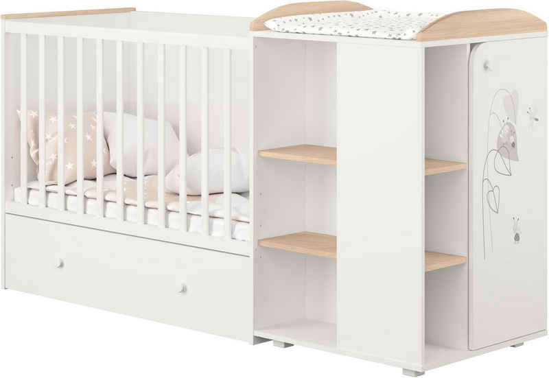 Polini kids Babybett »French 800 Amis, weiß-eiche«, mit Bettschubkasten und Wickelstation; umbaubar zu Juniorbett und Kommode