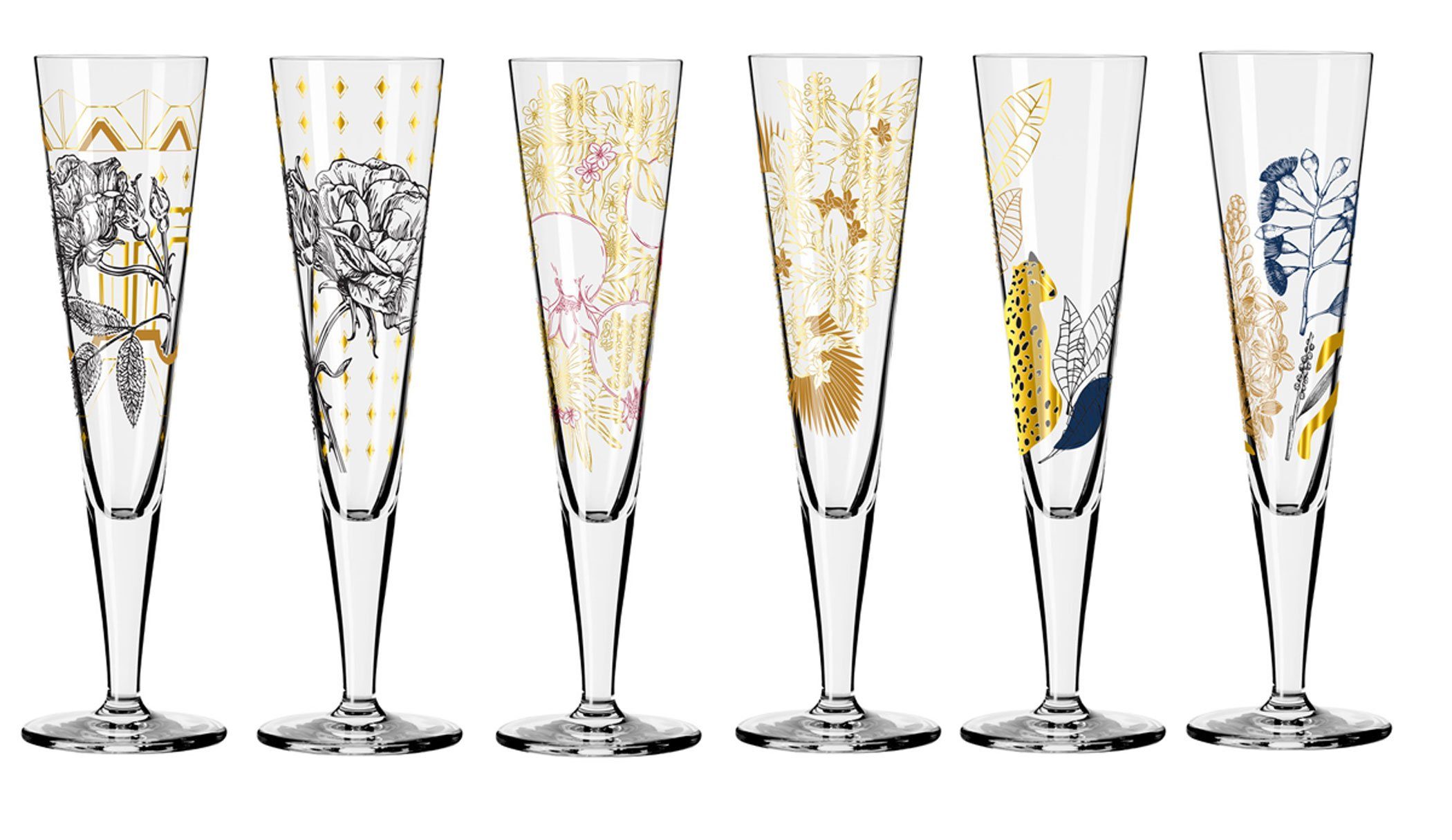 Ritzenhoff Champagnerglas Dekomiro 6er Set Goldnacht Champus mit Glasreinigungstuch, Kristallglas