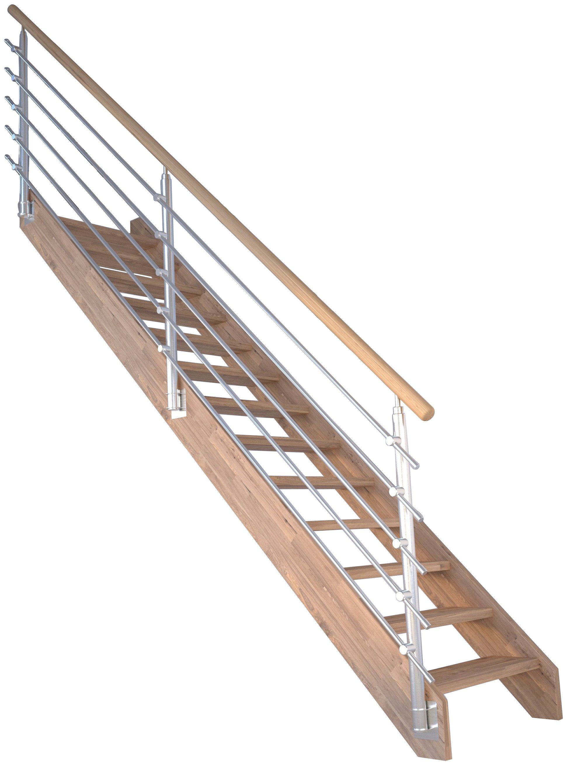 Design-Geländer Massivholz Durchgehende 280 Wangenteile cm, offen, Stufen Mykonos, bis Geschosshöhen Systemtreppe Starwood Edelstahl, für