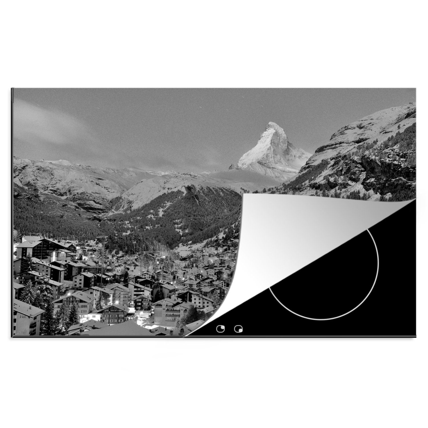 MuchoWow Herdblende-/Abdeckplatte Sonnenaufgang über dem Schweizer Matterhorn in Zermatt - schwarz-weiss, Vinyl, (1 tlg), 81x52 cm, Induktionskochfeld Schutz für die küche, Ceranfeldabdeckung