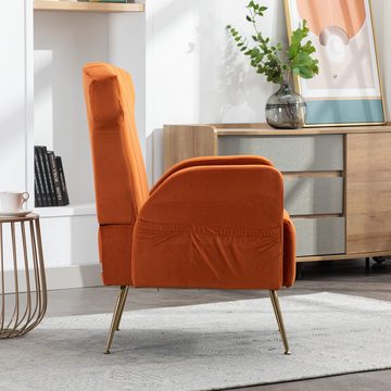 HAUSS SPLOE Loungesessel Schlafsessel Sessel chaiselongue Freizeitstuhl Relaxsessel Orange (mit eitentaschen, Samt), mit goldenen Füßen