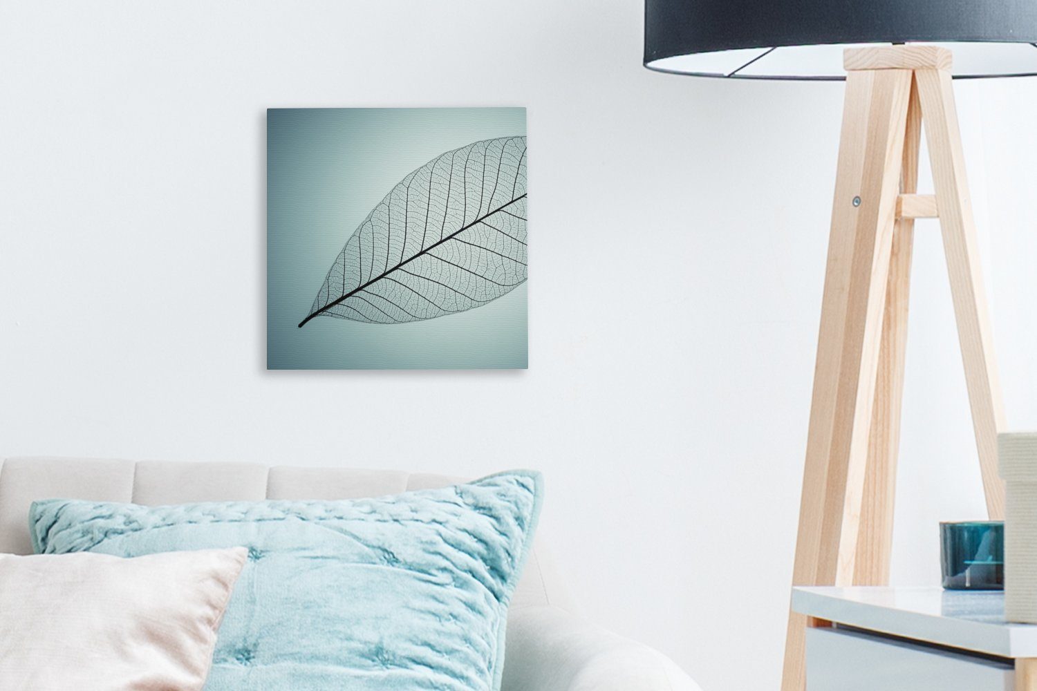 OneMillionCanvasses® Leinwandbild Bild eines mit Leinwand der Schlafzimmer Bilder Wohnzimmer Farbe im botanischen Cyan, (1 für Hintergrund St), Blattskeletts